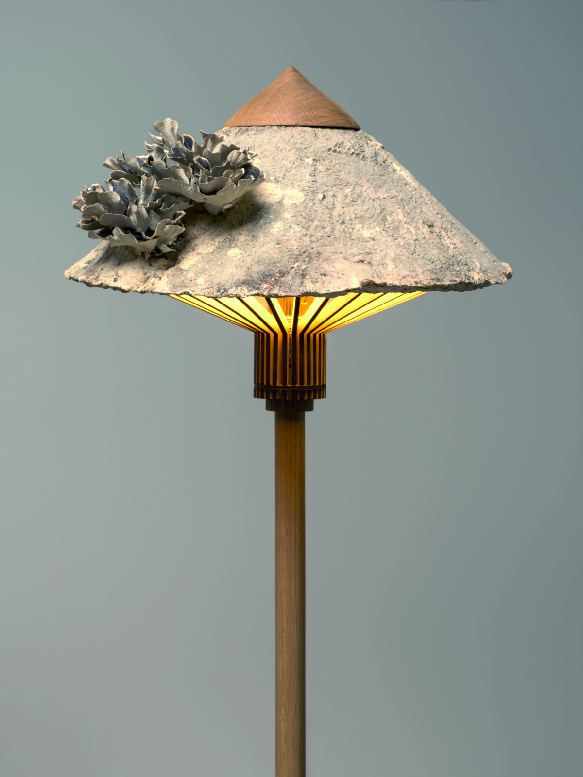 Caracara Collective’s Lakki lamp combines fungi with traditional woodworking and modern laser-cutting technology