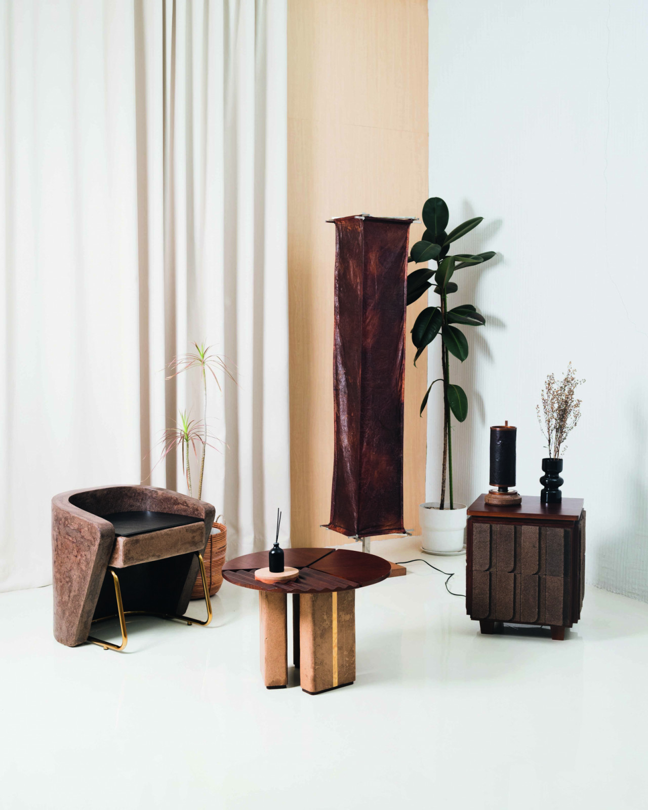 A collection of furniture, crafted from agricultural waste, made by Bell Living Lab