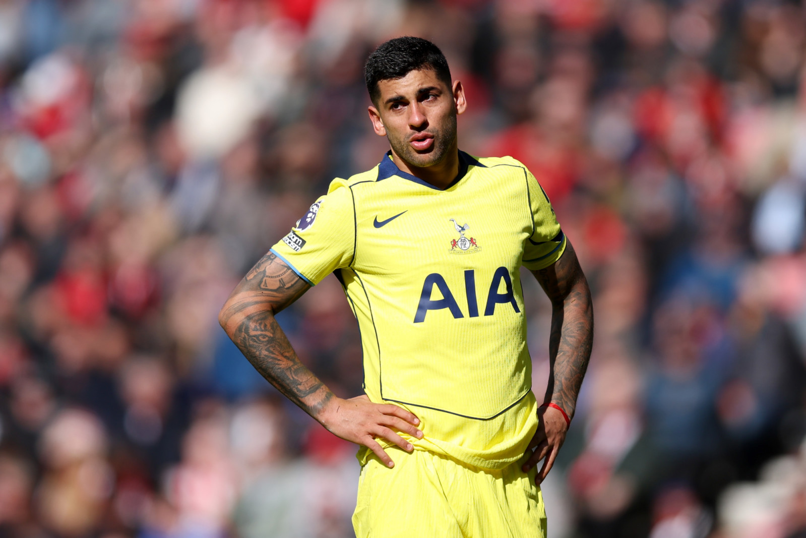 SUNDERLAND, ENGLAND - APRIL 12: Cristian Romero of Tottenham Hotspur is seen crying during the Premier League match between Sunderland and Tottenham Hotspur at Stadium of Light on April 12, 2026 in Sunderland, England. (Photo by George Wood/Getty Images)