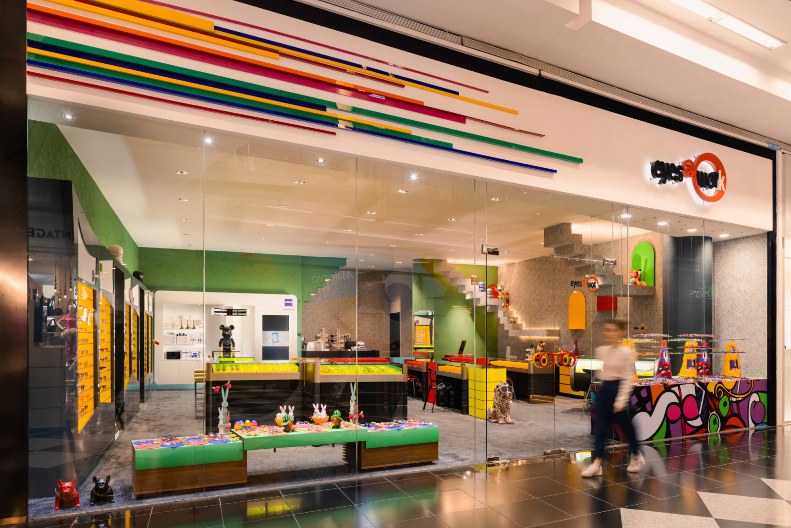 The shopfront immediately engages the user with optical illusions and visual tricks