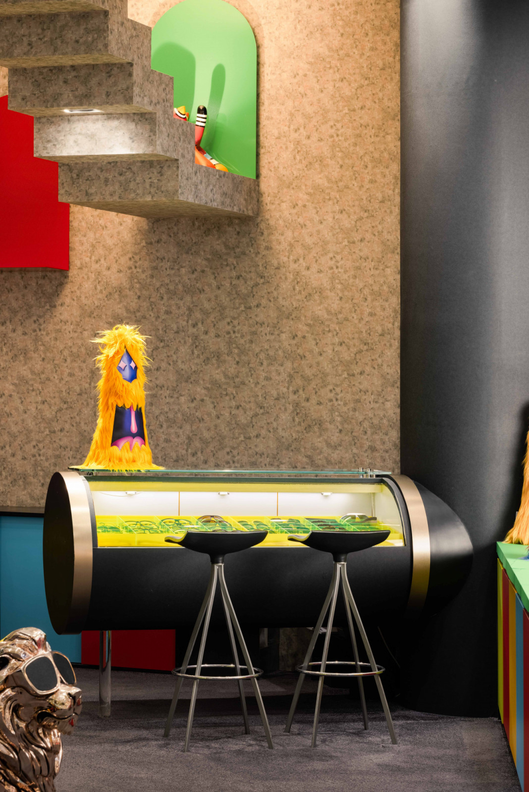 The unusual art installations create a fun and surreal atmosphere within the store