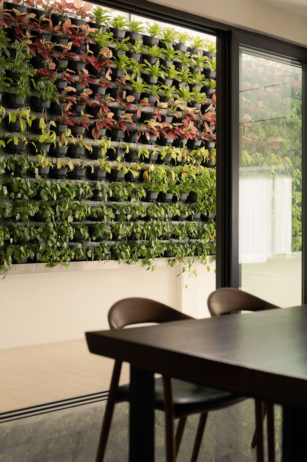 A courtyard vertical garden lays right beyond the dining area
