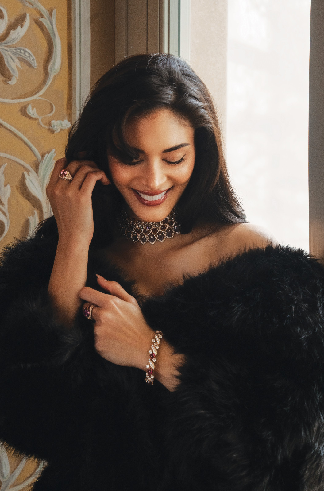 Pia in Bvlgari High Jewellery and a vintage coat