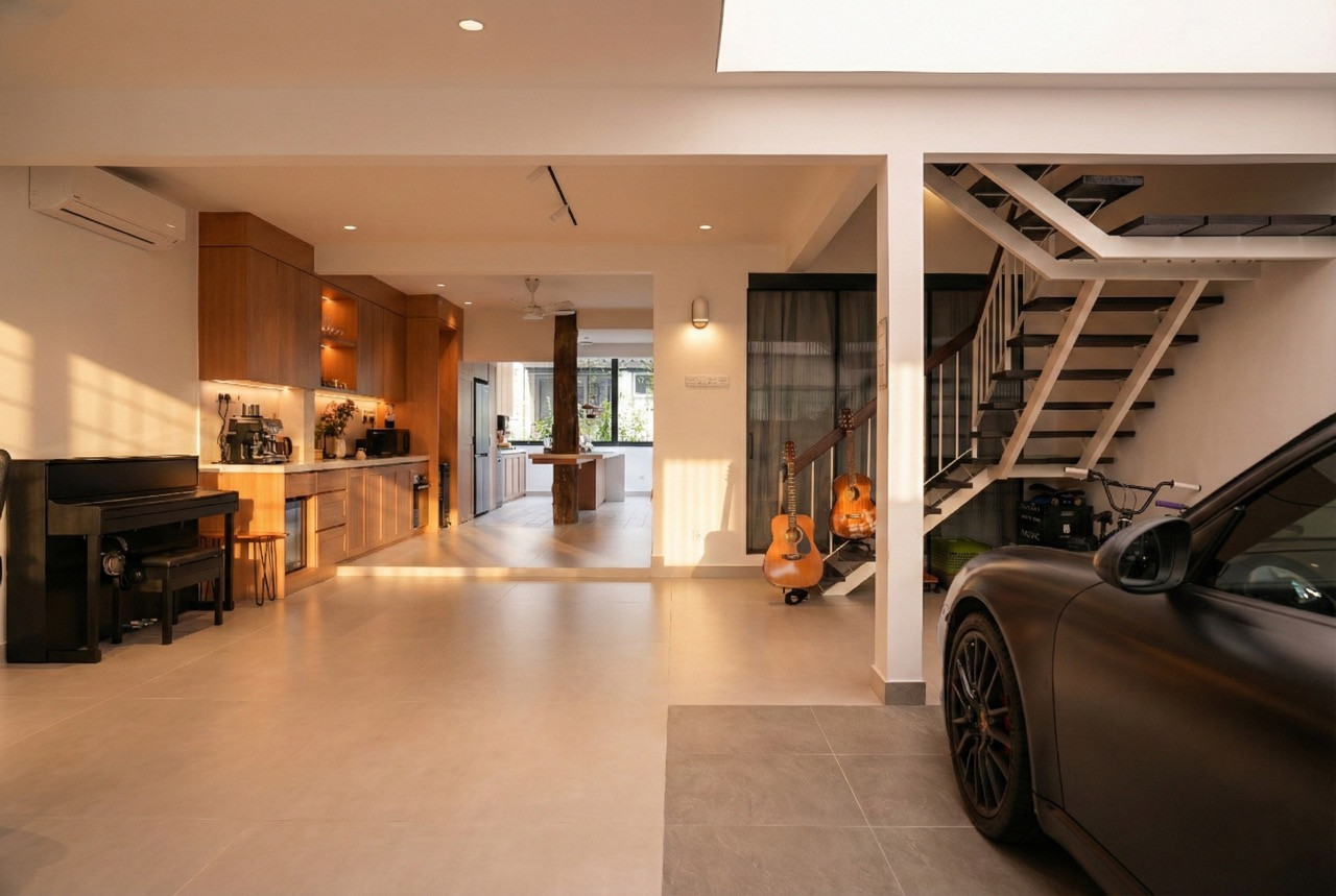 The open ground floor with the indoor garage to the right, the kitchen and living areas extending to the rear, a piano to the left, and guitars propped near the staircase
