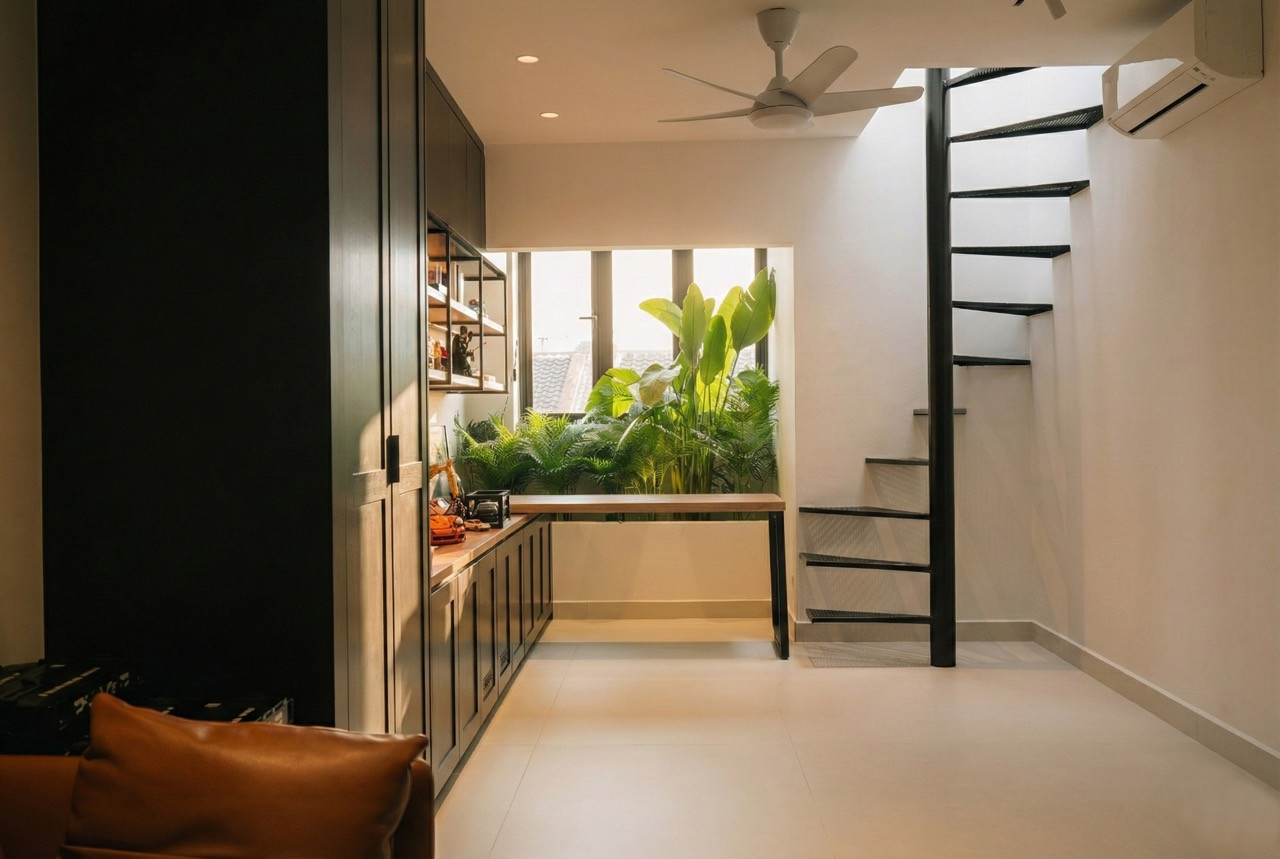 A second-floor room with dark solid wood cabinetry, a steel spiral staircase, and a built-in planter