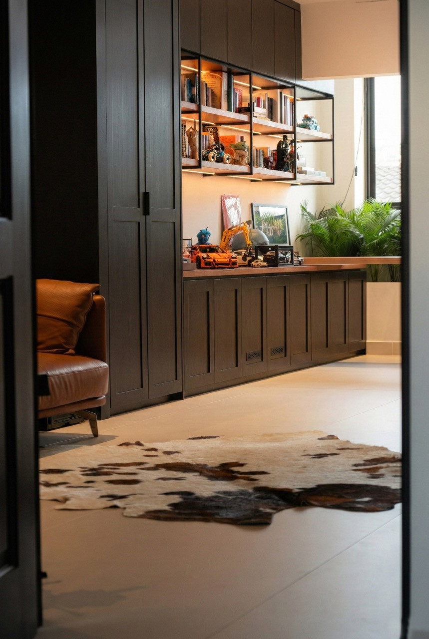 View through a doorway into the study, showing dark wood joinery, backlit open shelving with collectibles, a leather armchair, and a cowhide rug on the floor