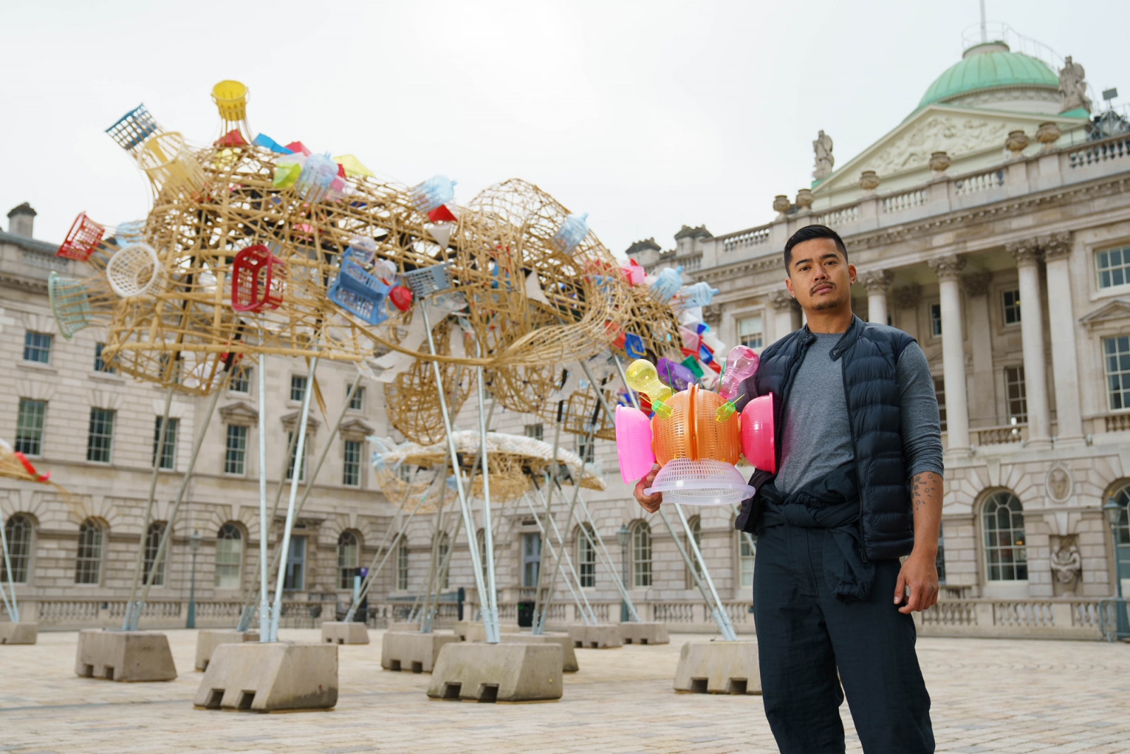 EDITORIAL USE ONLY 
Artist, Leeroy New launches his installation, The Arks of Gimokudan, at Somerset House in London. Picture date: Wednesday March 30, 2022. PA Photo. The outdoor installation, which has been commissioned to mark Earth Day 2022, formed of three elevated ships constructed using plastic waste and recycled materials. The installation, which draws on the history, culture and mythologies of New’s home nation of the Philippines, is on display in Somerset House’s courtyard until Tuesday April 26.
