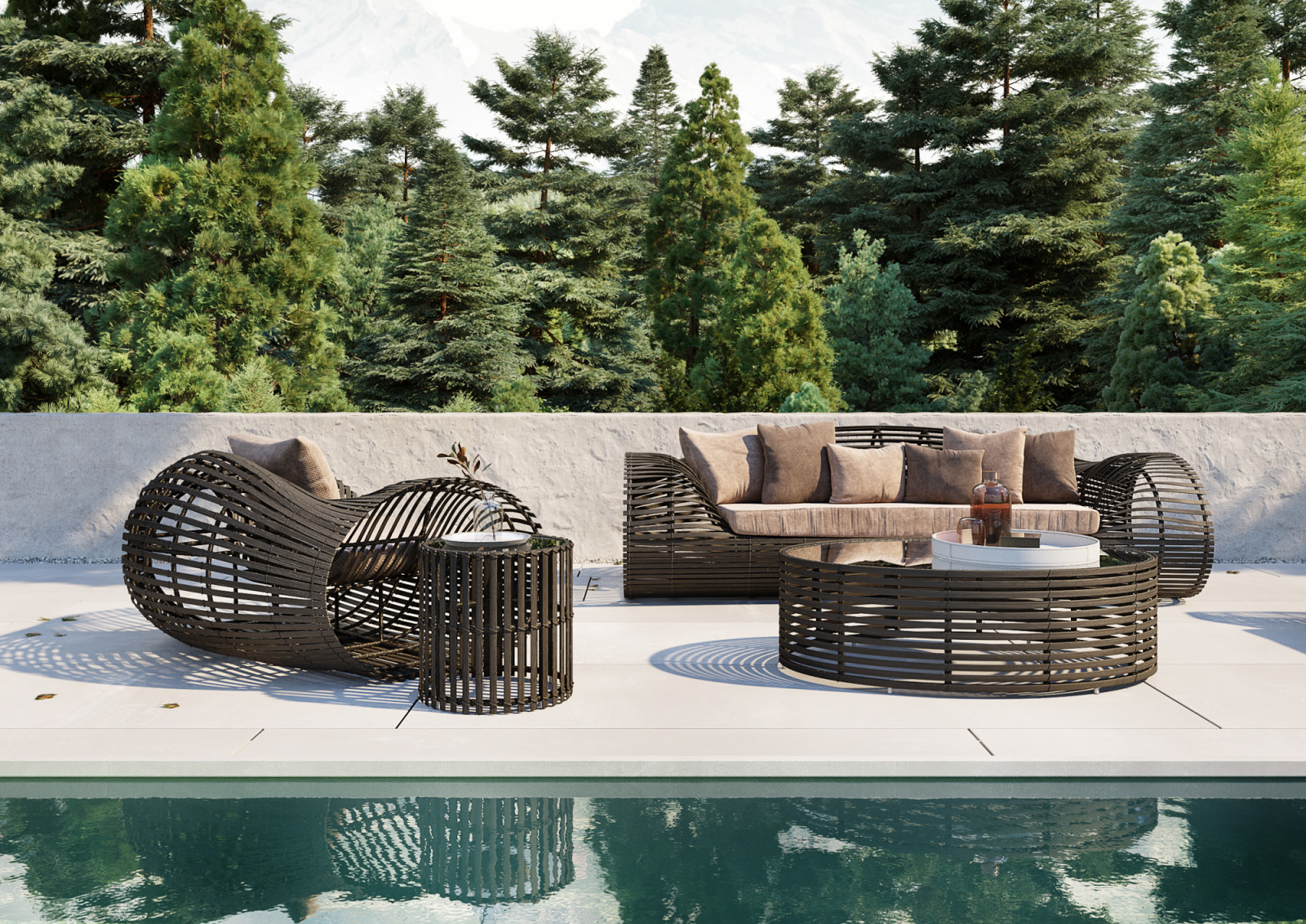 The Lolah Collection designed by Kenneth Cobonpue is bent rattan at its finest, visually light material juxtaposed with volumnious form