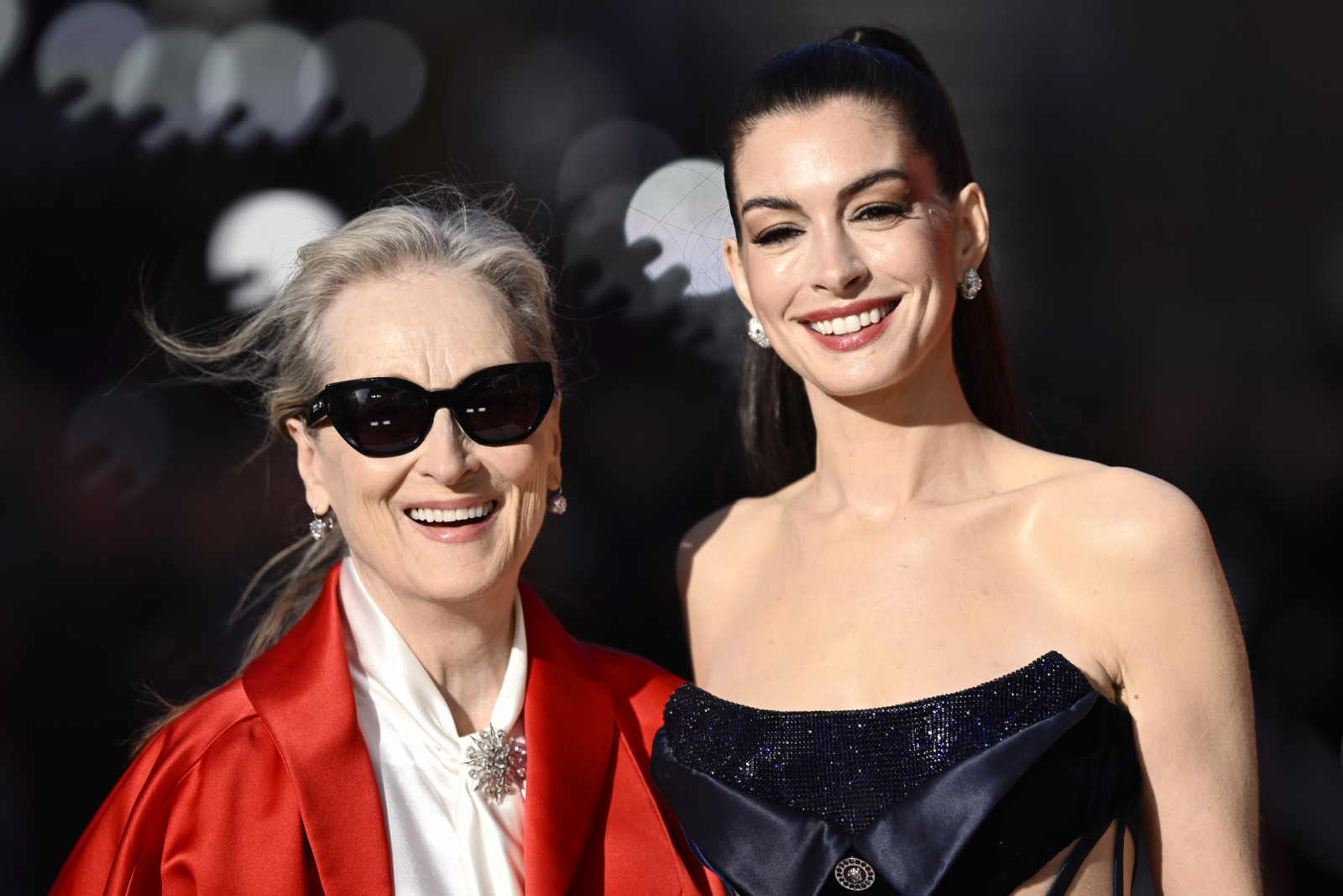 LONDON, ENGLAND - APRIL 22: Meryl Streep and Anne Hathaway attend "The Devil Wears Prada 2" European Premiere inside Leicester Square on April 22, 2026 in London, England. (Photo by Gareth Cattermole/Getty Images)