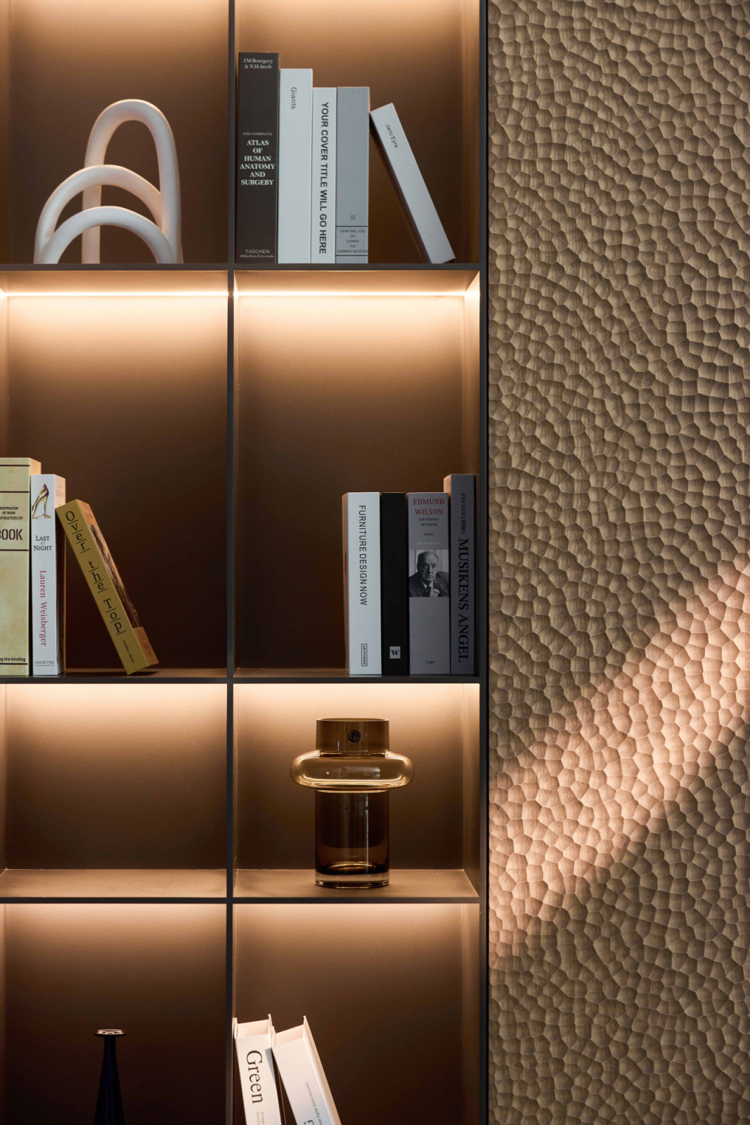 A textural medley of illuminated shelving and sculpted wall panels