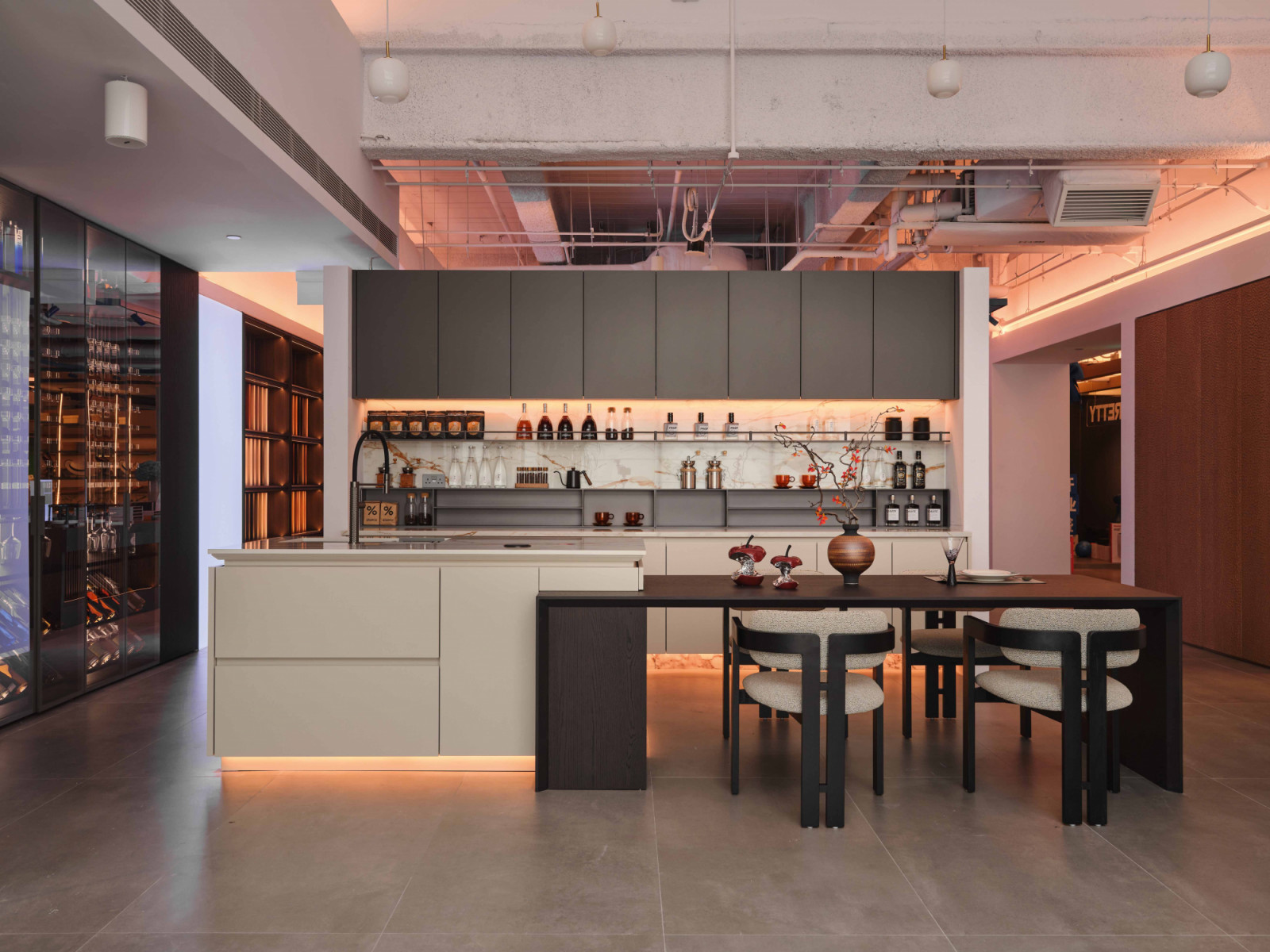 This compact yet stylish kitchen display highlights streamlined cabinetry with integrated illumination