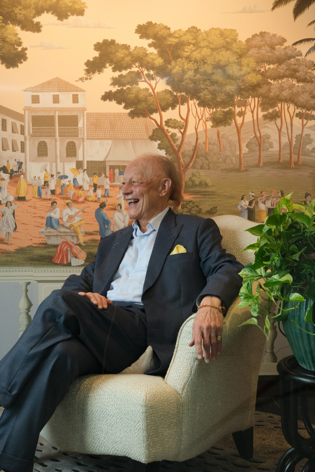 A portrait of Claud Gurney with De Gournay luxury wallpapers, from his visit to the Elements Fine Furnishing Fabrics showroom in Manila