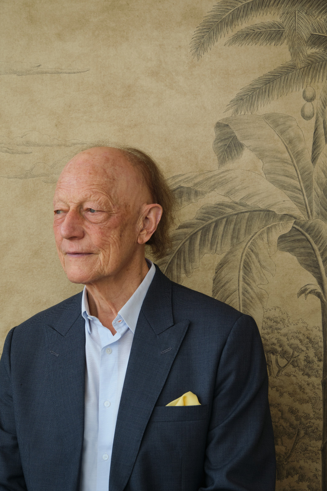 A portrait of Claud Gurney with De Gournay luxury wallpapers, from his visit to the Elements Fine Furnishing Fabrics showroom in Manila