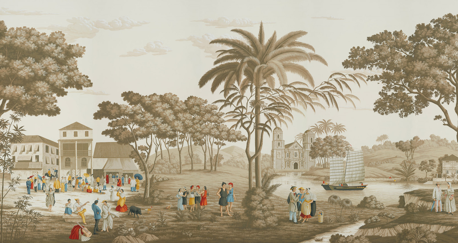 Scenes of Philippine culture for the Latina Manila hand-painted wallpaper panel by De Gournay