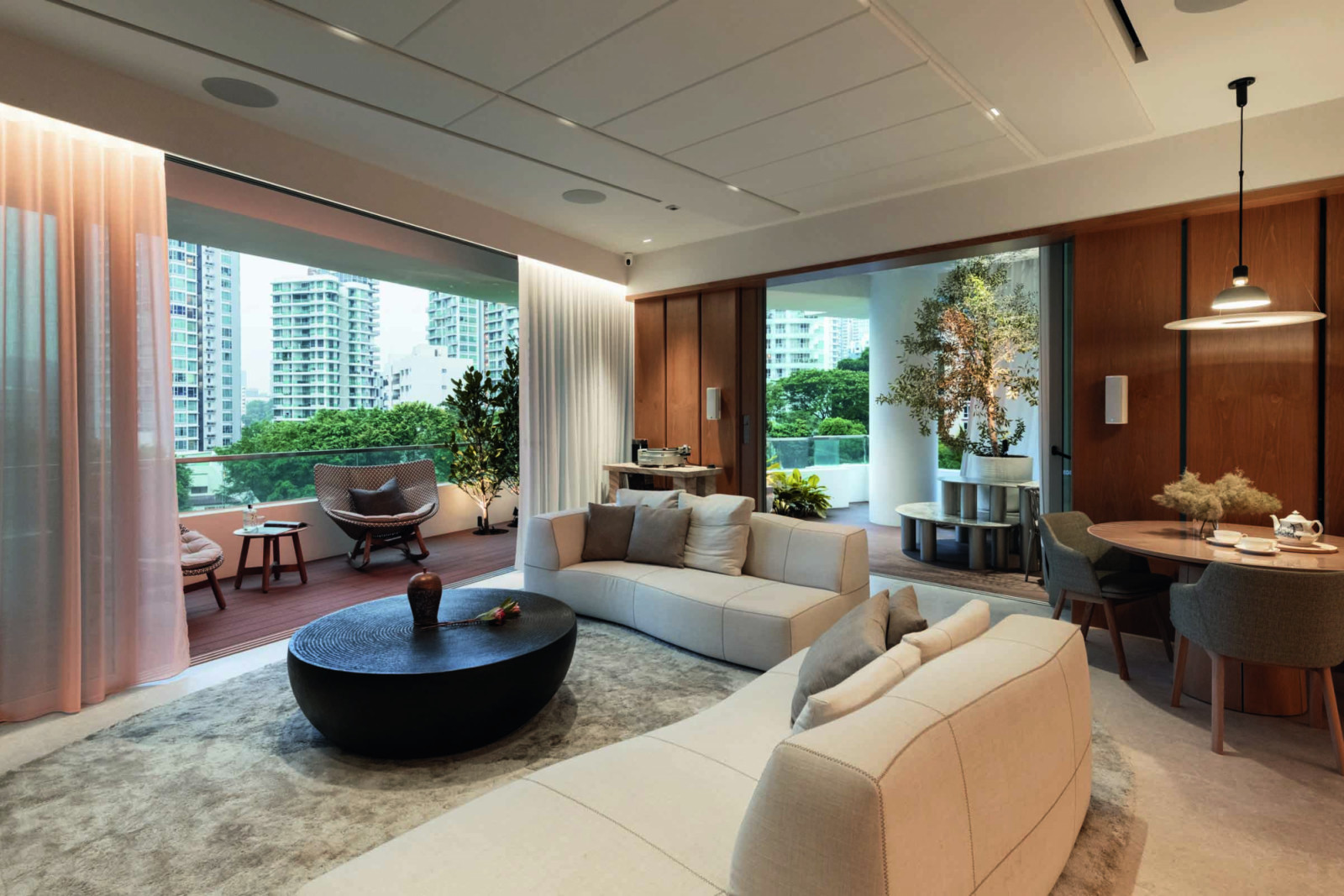 An overview of the home’s well-proportioned living area and outdoor pavilion