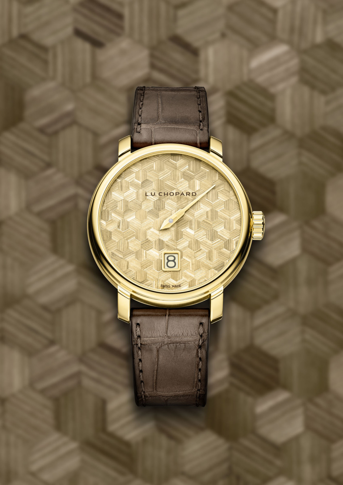 Chopard L.U.C Quattro Spirit 25 in ethical yellow gold with straw marquetry motif dial