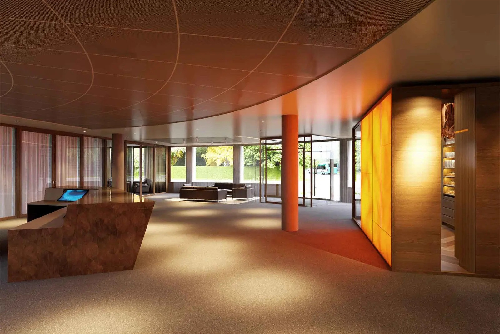 The softly-illuminated wall features recycled materials, ingeniously put together by Nature Squared