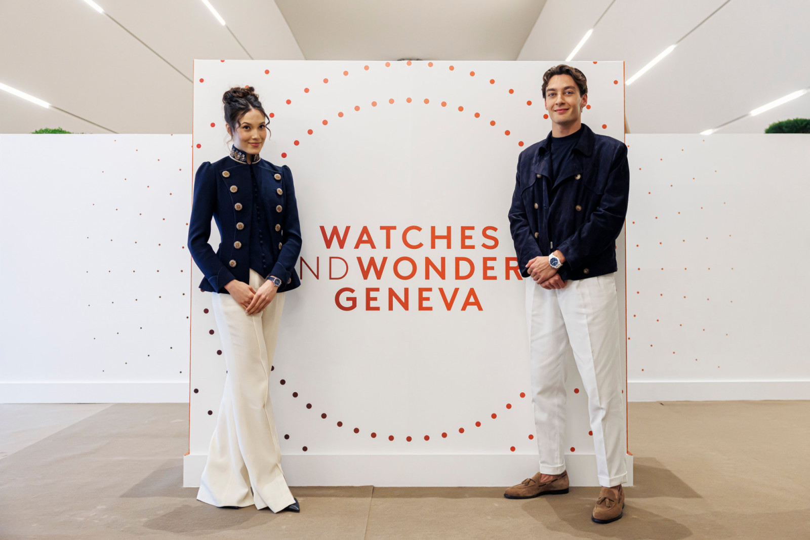 Formula one driver George William Russelland and freestyle skier Eileen Feng Gu at Watches and Wonders GENEVA, in Geneva, Switzerland, Wednesday, April 15, 2026. The largest watchmaking event of the year bringing together the leading names of the industry from April 14 to April 20, 2026 at Geneva Palexpo. (WWGF/KEYSTONE/Valentin Flauraud)