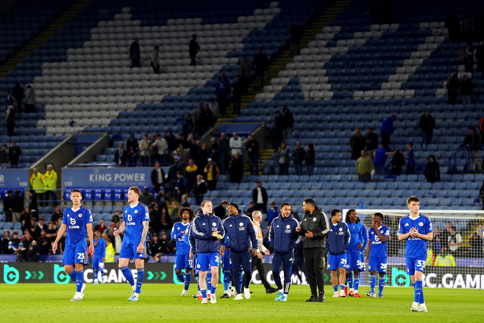 Leicester City's Luke Thomas (right) and teammates applaud thee fans following the Sky Bet Championship match at the King Power Stadium, Leicester. Picture date: Friday April 24, 2026. (Photo by David Davies/PA Images via Getty Images)
