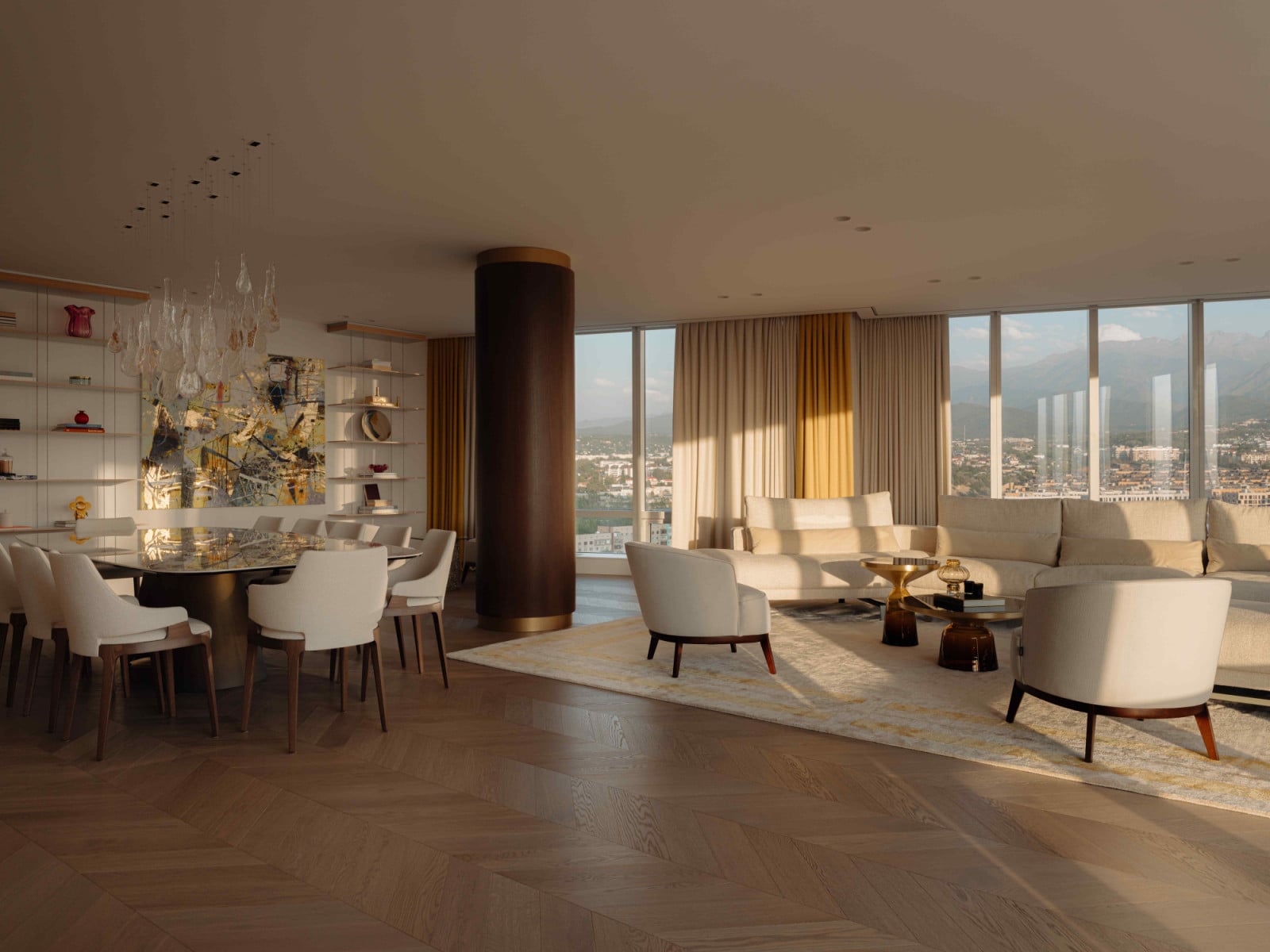 Home tour: a sleek high-rise apartment in Almaty, Kazakhstan bathed in gold-hued accents