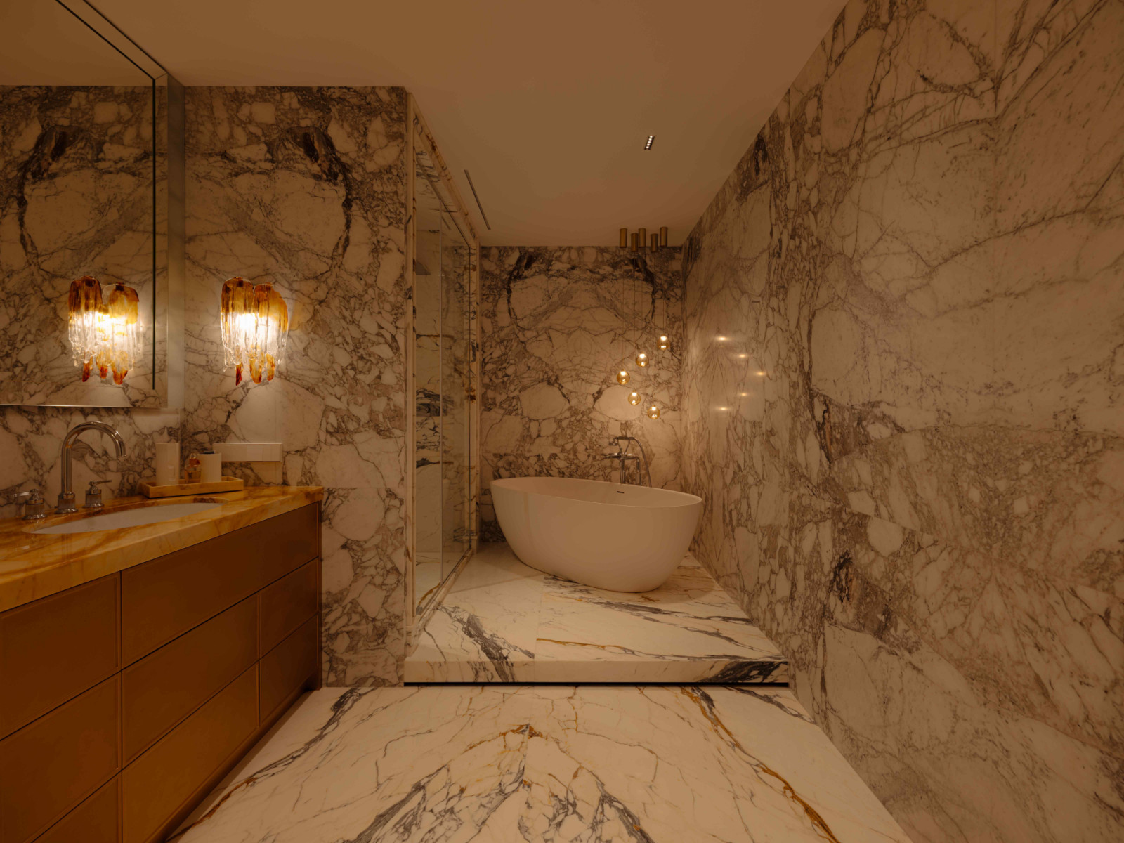 The main bathroom clad in Great Stone marble from Italy, which took the design team four months of research to source
