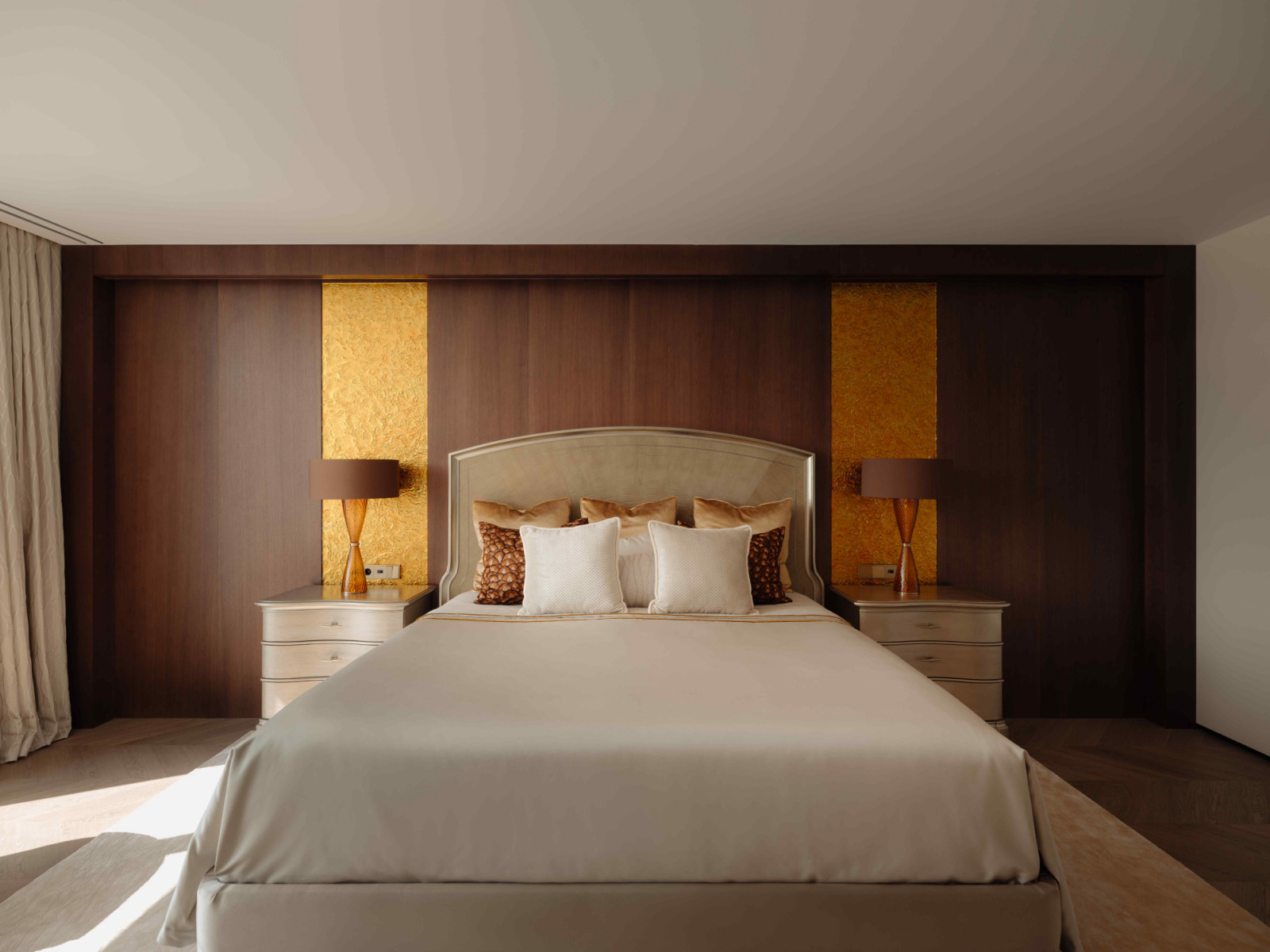The elegant main bedroom featuring the homeowners’ favourite colour