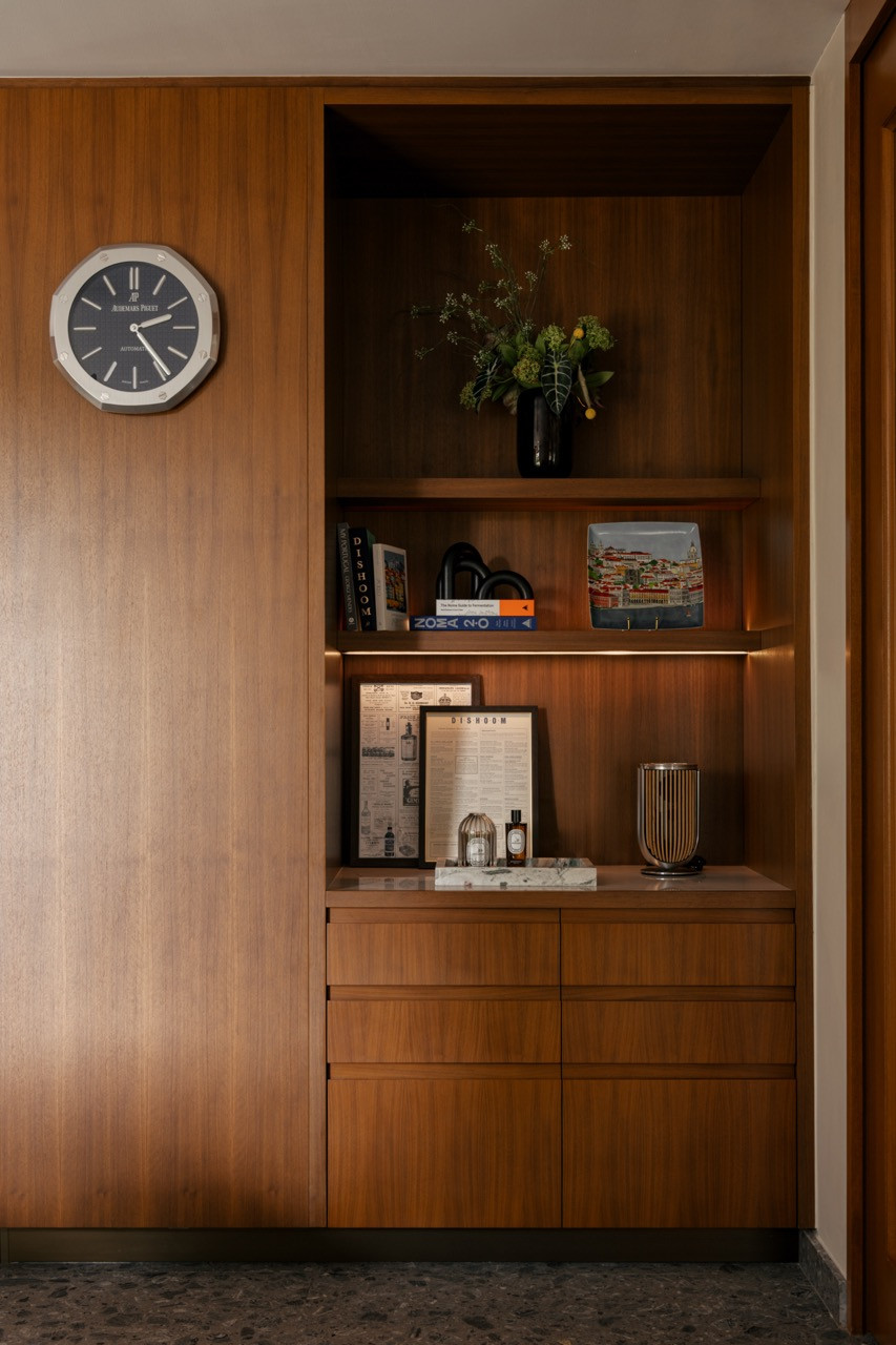 A detail of the timber joinery and built-in shelving in one of the second-floor rooms