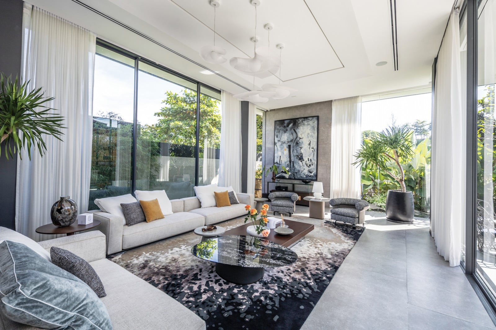 The living room, in the house’s black-and-white palette