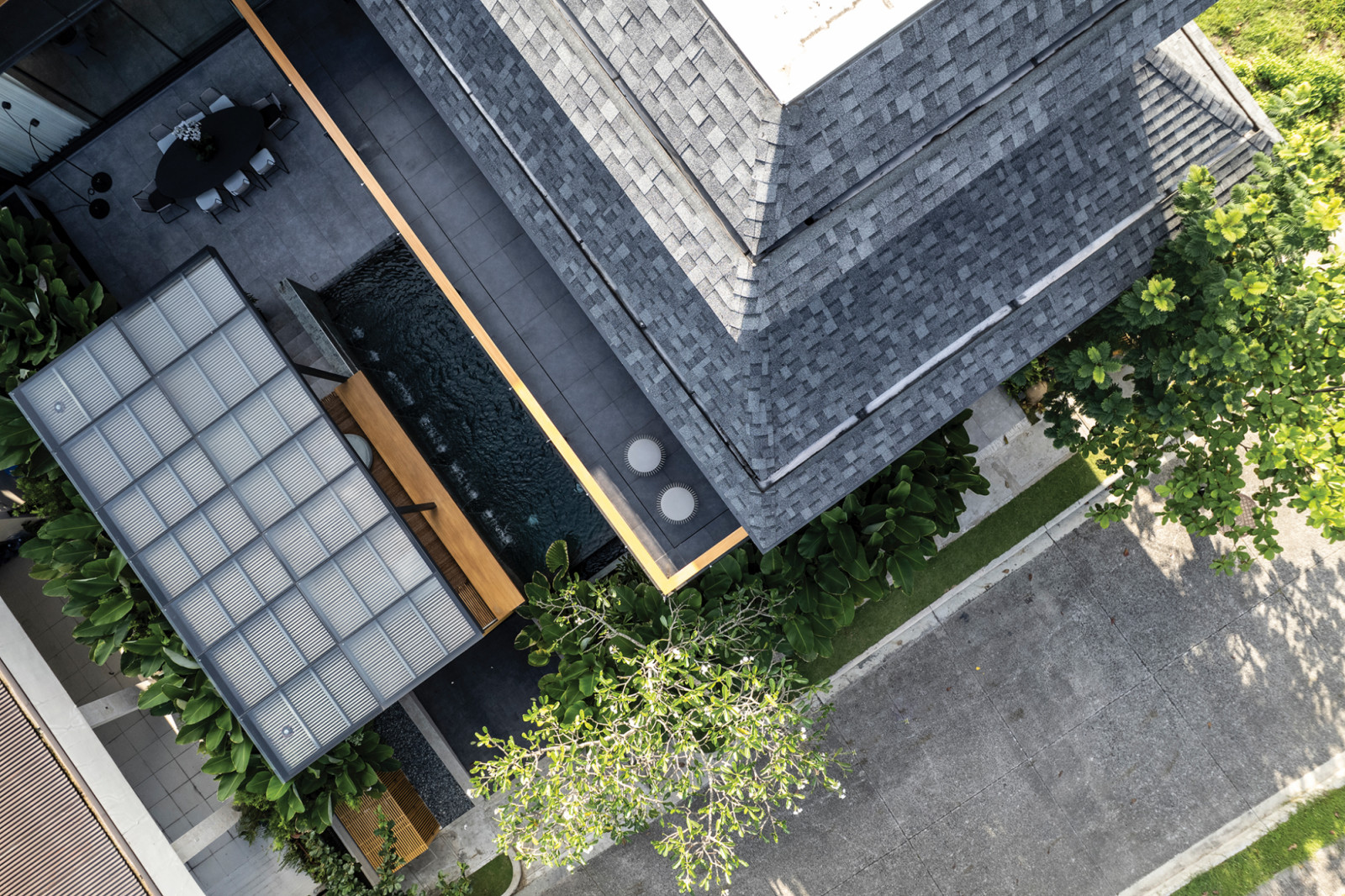 Aerial view of the roof made of asphalt shingles