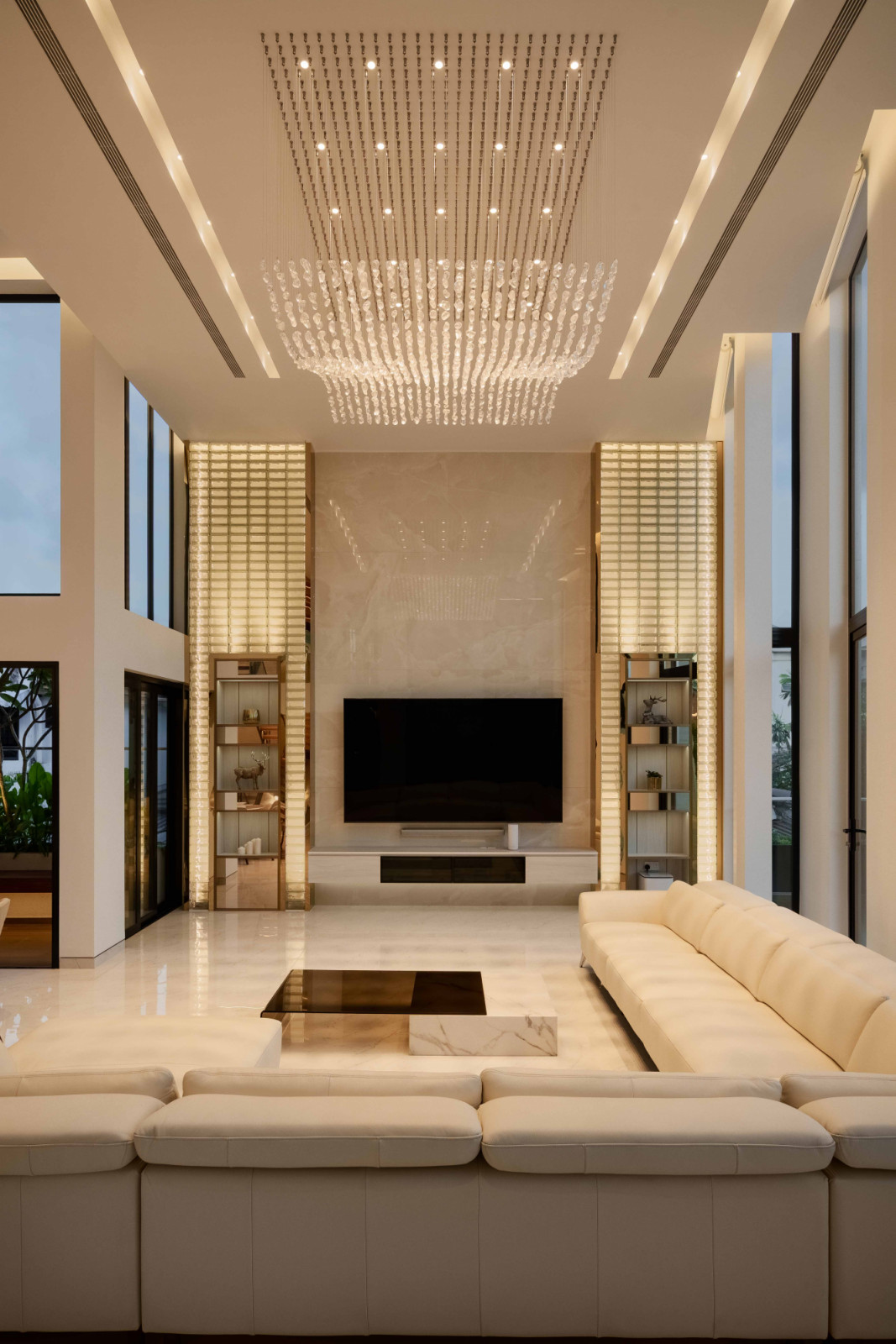 Twinkling lights cast a magical glow on the living room
