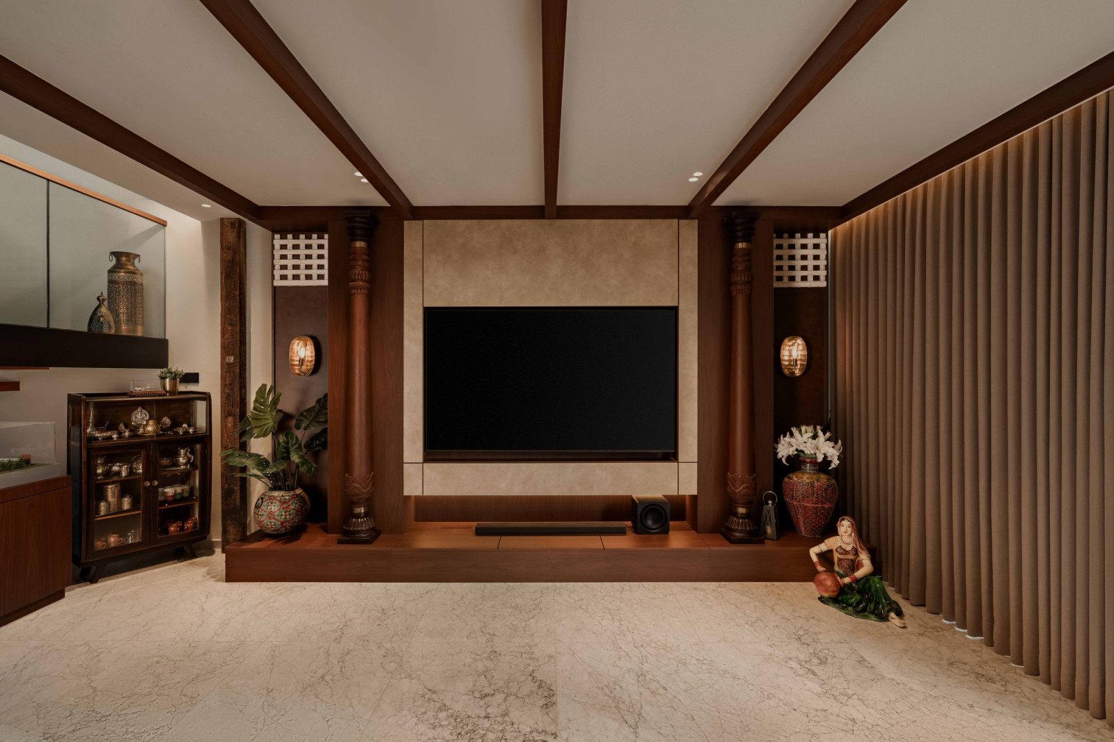 Natural materials, earthy tones, and intricate timber detailing define the interior experience inside Sivaji House
