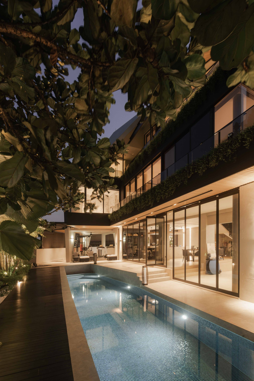 Leafy trees overlook the outdoor pool at dusk