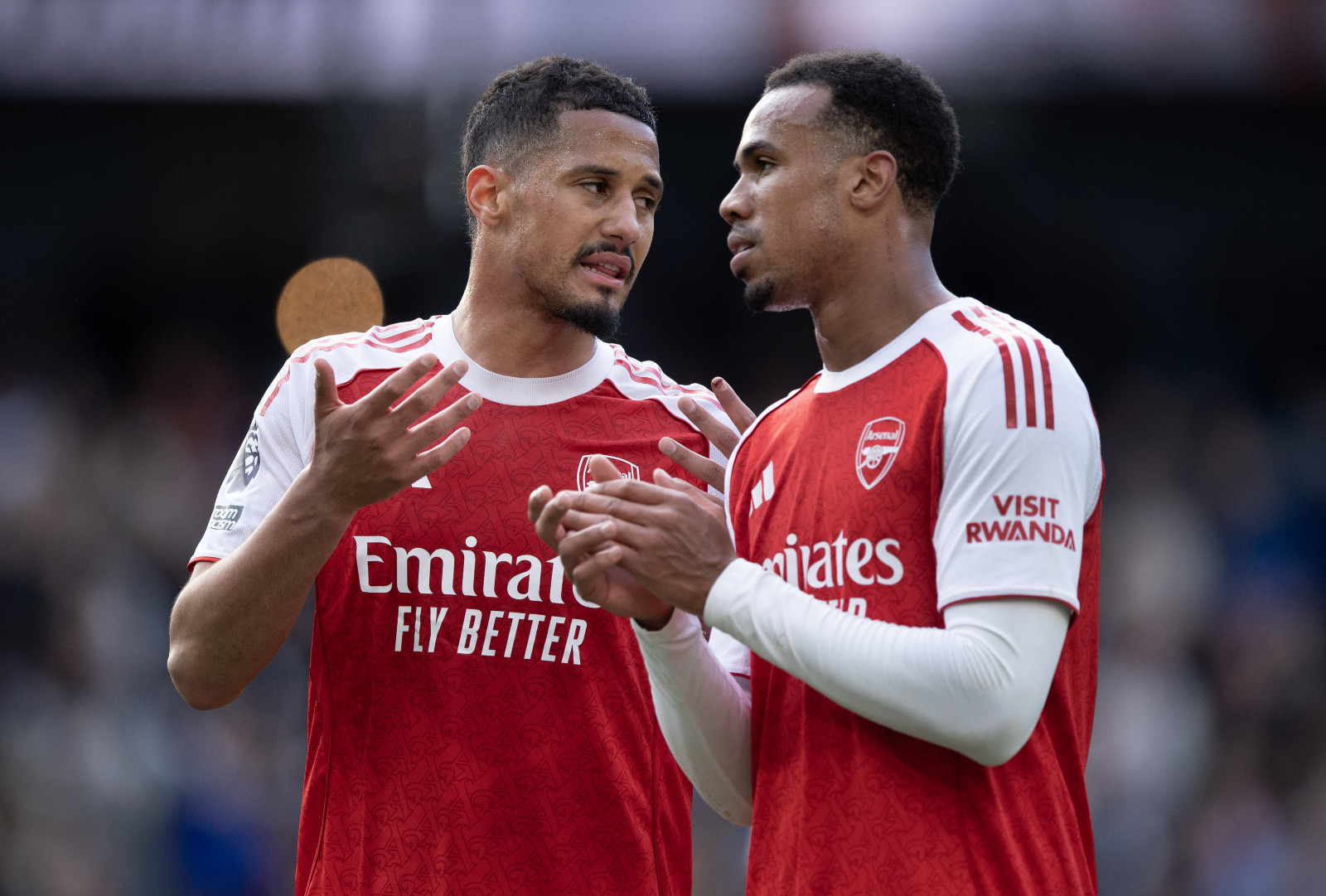 MANCHESTER, ENGLAND - APRIL 19: William Saliba and Gabriel Magalhaes of Arsenal after the Premier League match between Manchester City and Arsenal at Etihad Stadium on April 19, 2026 in Manchester, England. (Photo by Visionhaus/Getty Images)