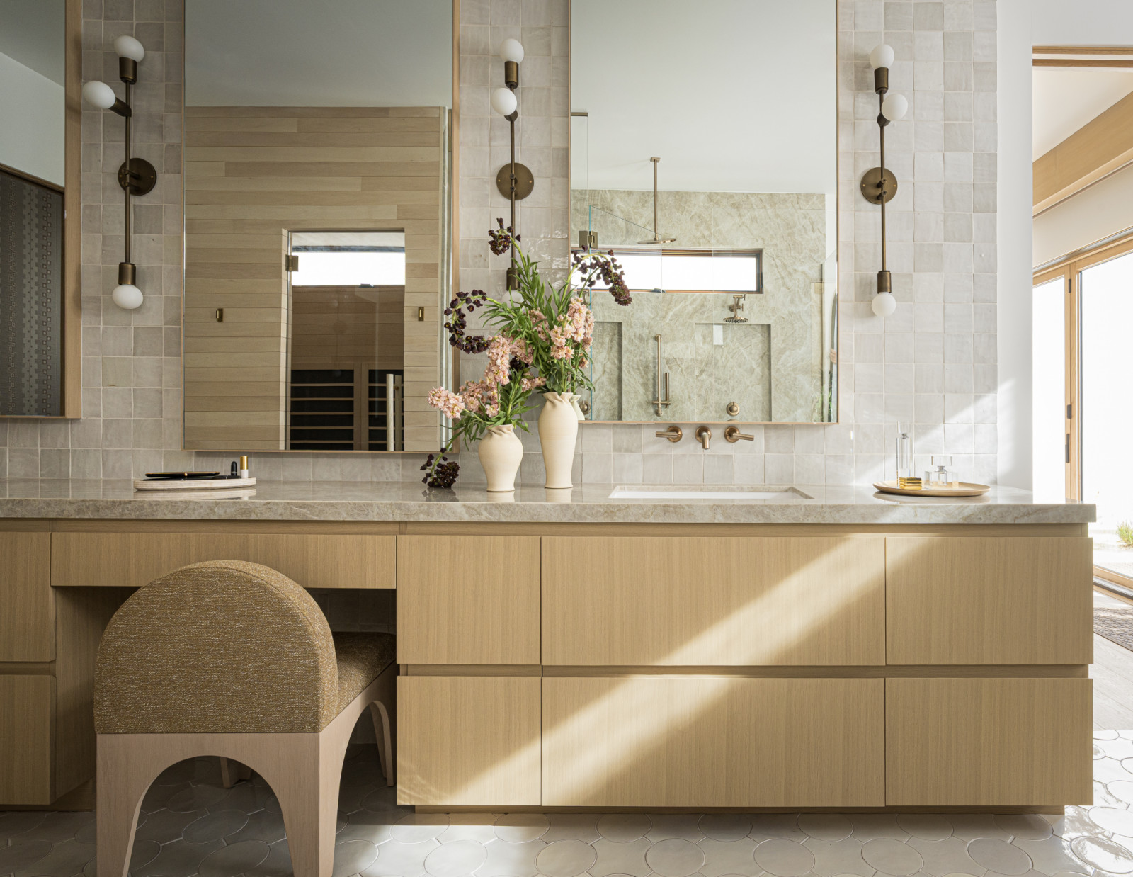 The primary bathroom of a family home designed by Kimberly Oxford Interiors in Santa Rosa, California