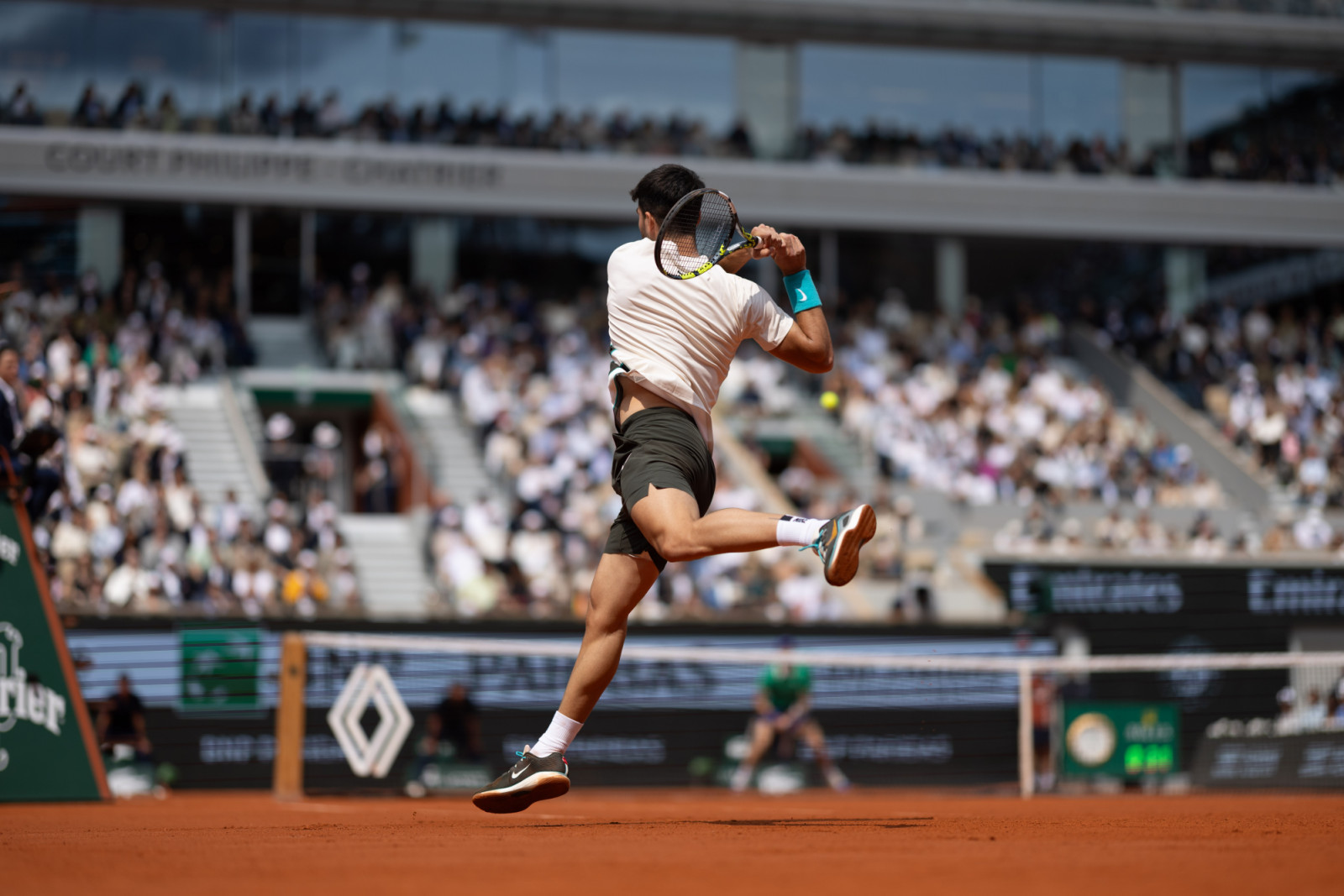 Carlos Alcaraz (Spa) in action during his final round men's singles match against Jannik Sinner (Ita) on day fifteen at Roland-Garros