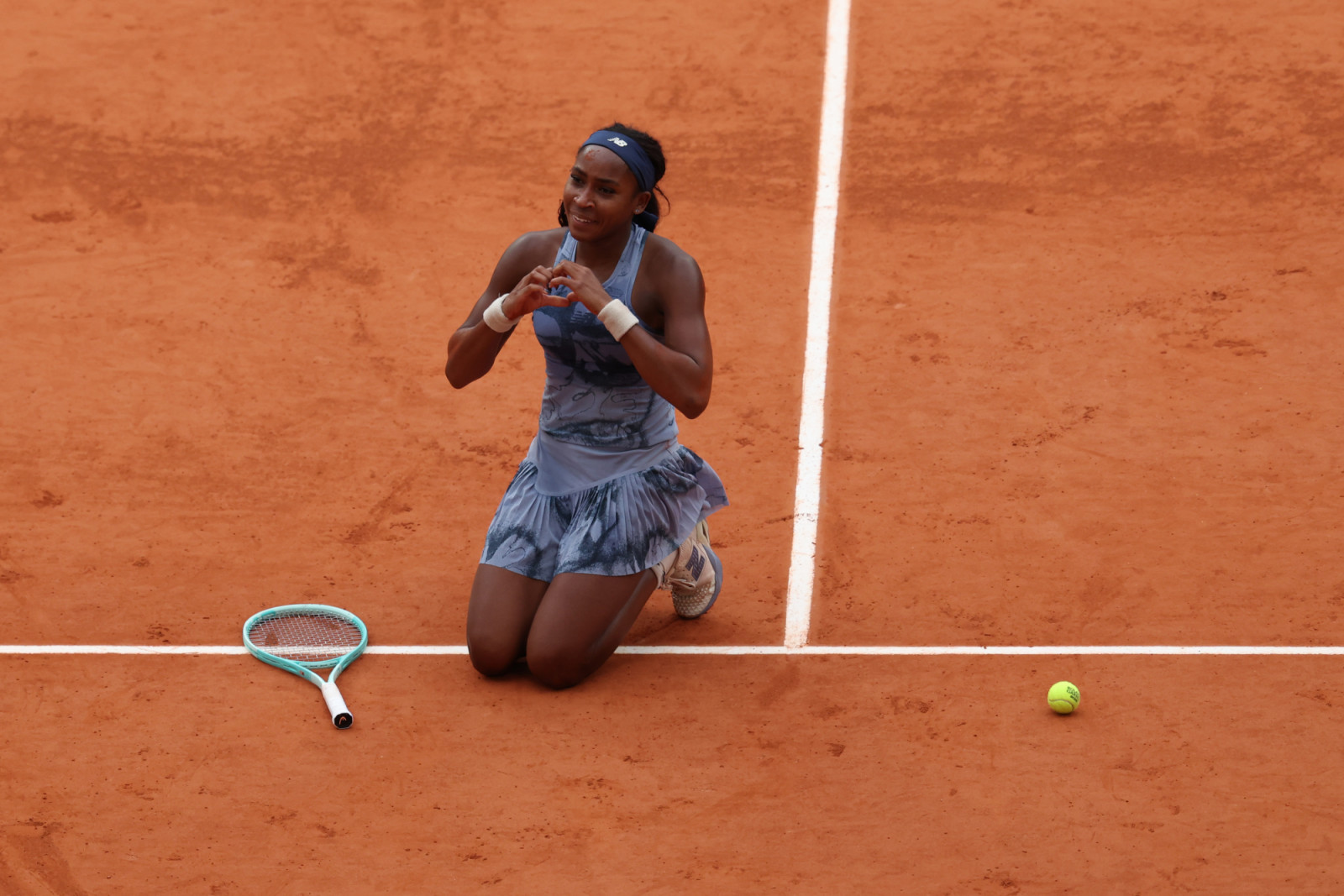 Coco Gauff (USA) in action during her final round women's singles match against Aryna Sabalenka (Blr) on day fourteen at Roland-Garros