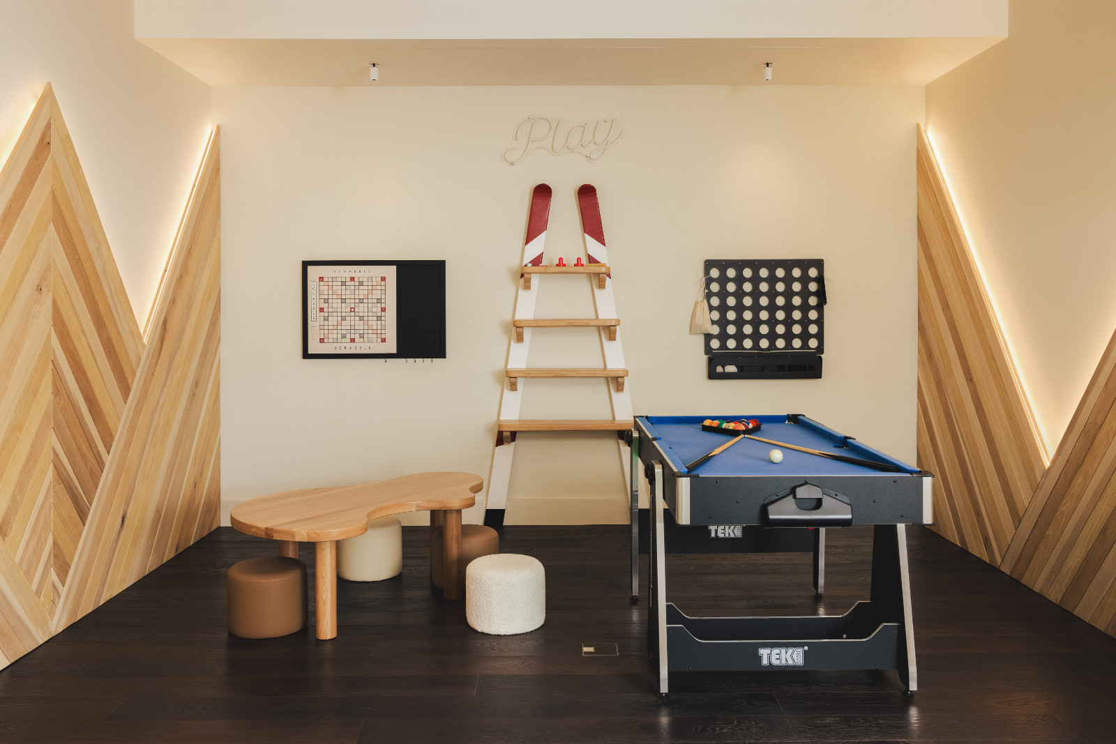 The playroom in a multigenerational family chalet in the Swiss Alps designed by Portia Fox Interiors