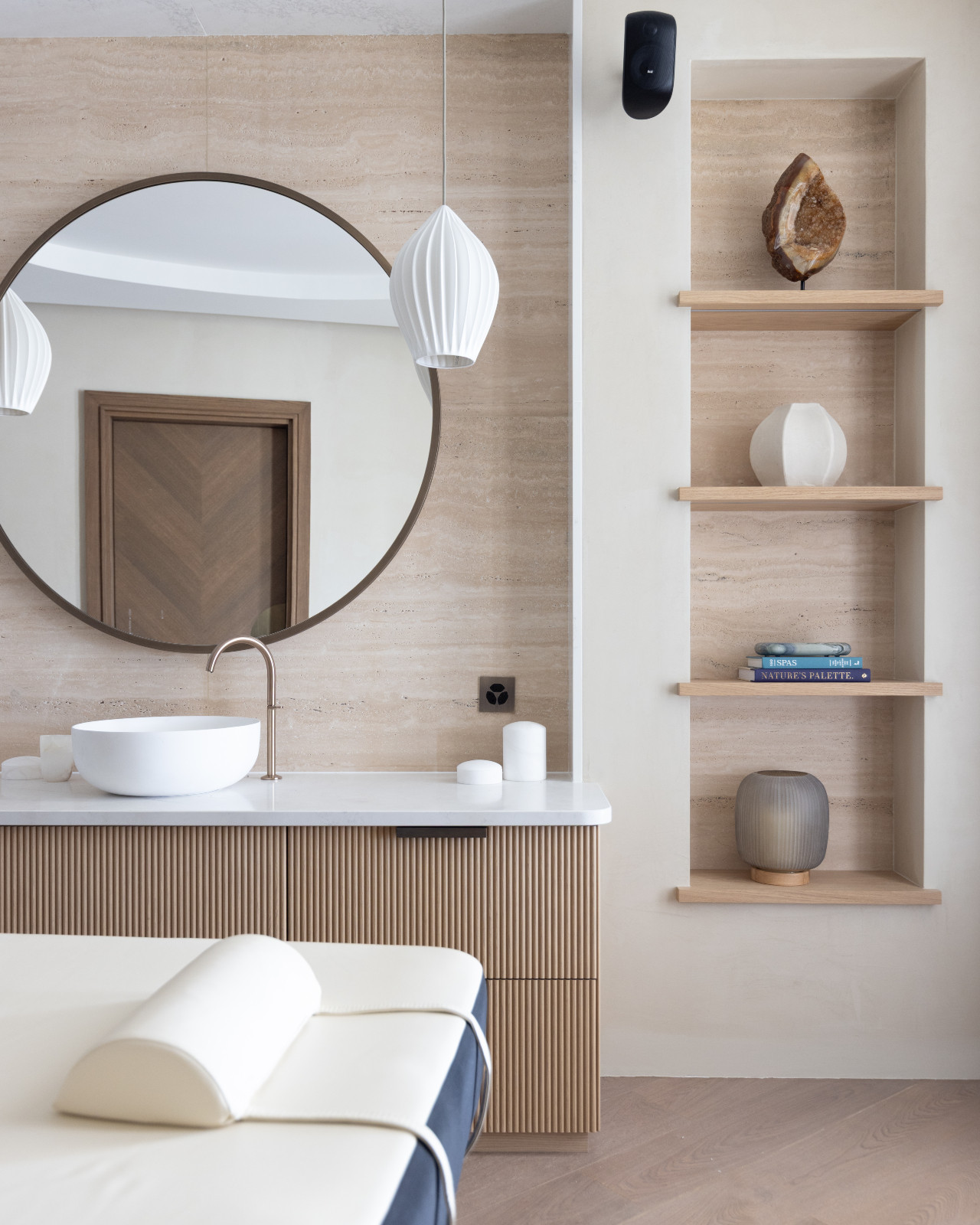 The wellness area in a multigenerational family chalet in the Swiss Alps designed by Portia Fox Interiors