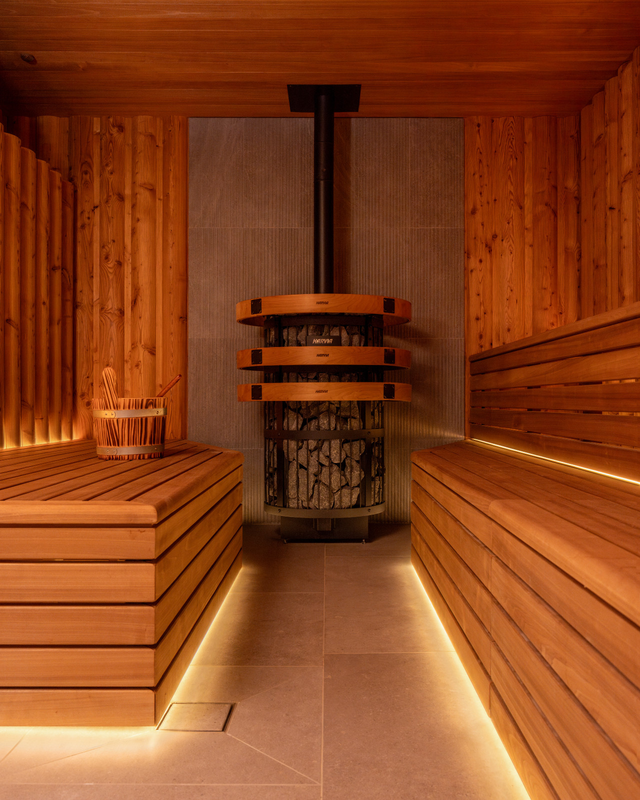 The sauna in a multigenerational family chalet in the Swiss Alps designed by Portia Fox Interiors