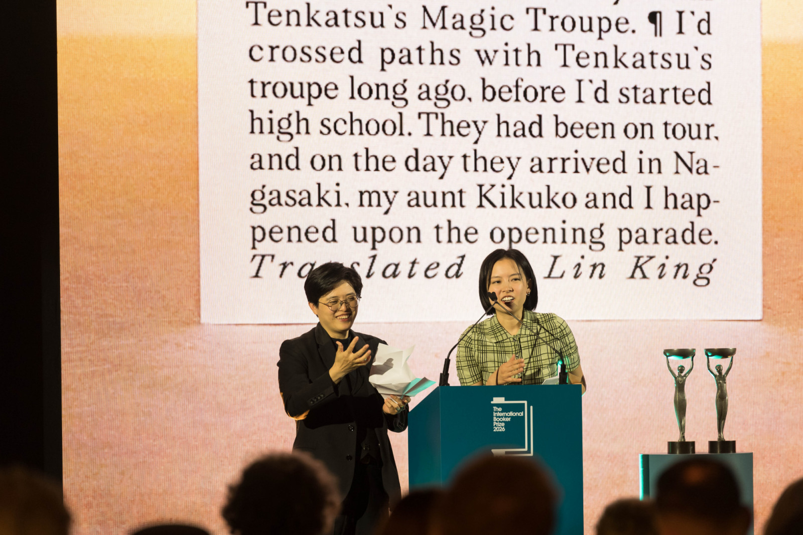 LONDON, UNITED KINGDOM - MAY 19: The winners of the International Booker Prize 2026 for the book titled âTaiwan Travelogueâ author Yang Shuang-zi and translator Lin King speak on stage during the award ceremony at Tate Modern in London, United Kingdom on May 19, 2026. The International Booker Prize is awarded annually for the finest single work of fiction from around the world which has been translated into English and published in the UK and Ireland. (Photo by Wiktor Szymanowicz/Anadolu via Getty Images)