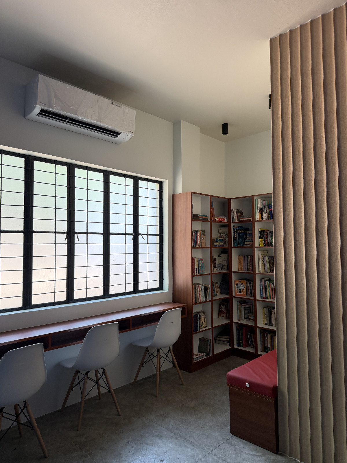 To maximize consistent airflow, dividers were strategically placed in the Recreational Hall, which serves both as a Music Room and a Study Area