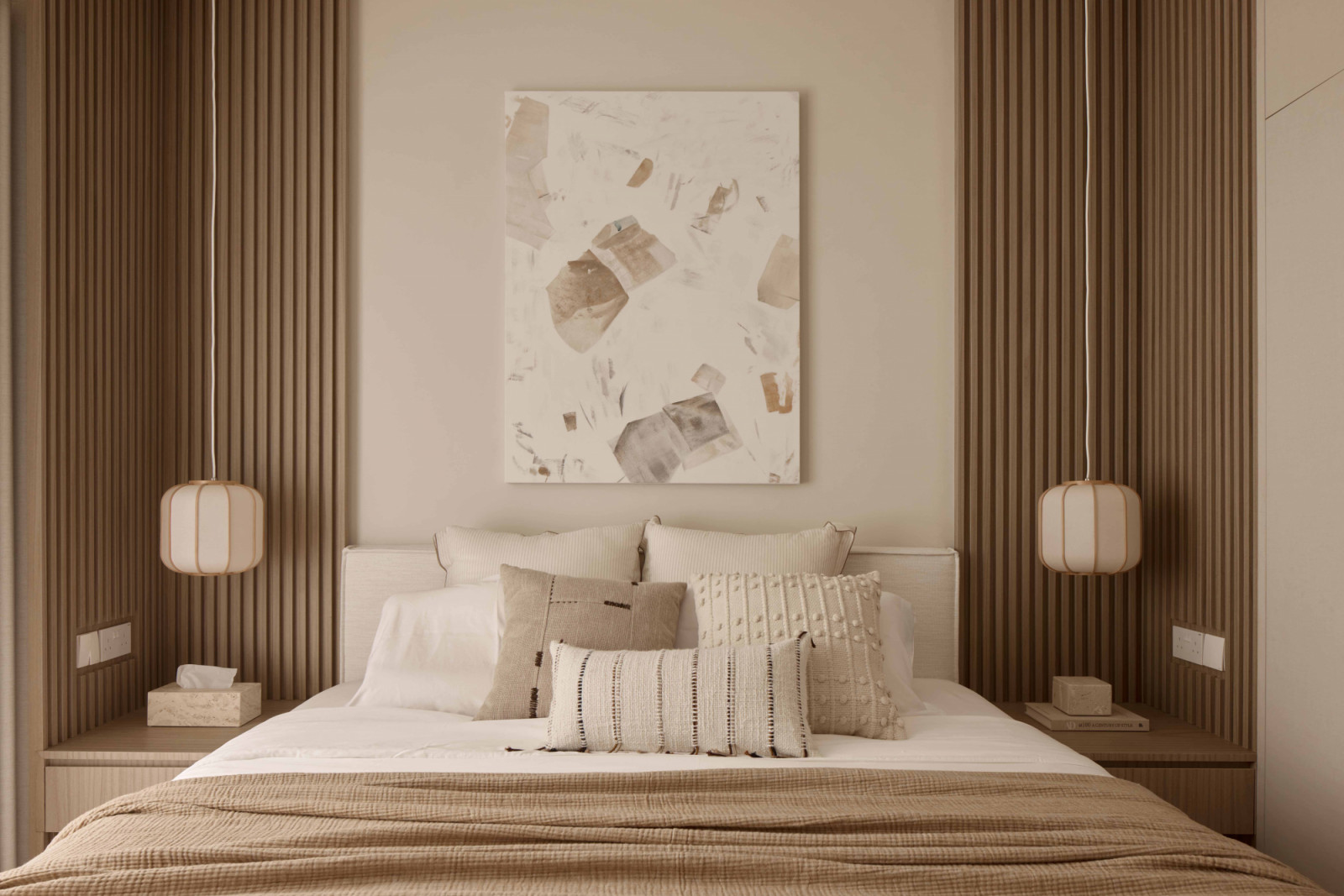 The bedroom has a similarly light and neutral colour palette