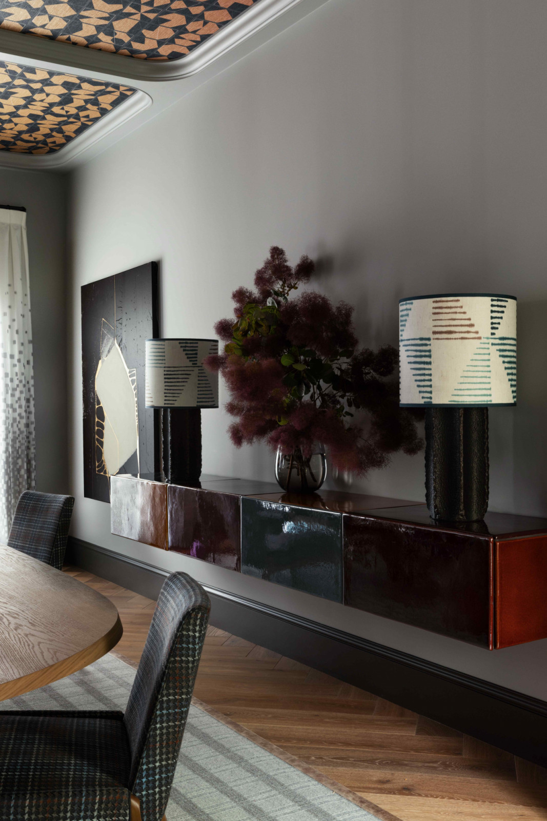 A multicoloured ceramic floating console in the dining room