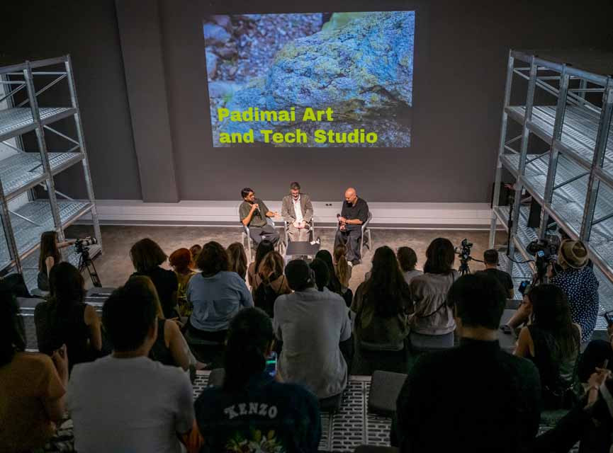 A panel discussion with Vignesh Sundaresan (left), Olafur Eliasson (centre) and Mark Rappolt (right) at the opening of the Padimai Art & Tech Studio