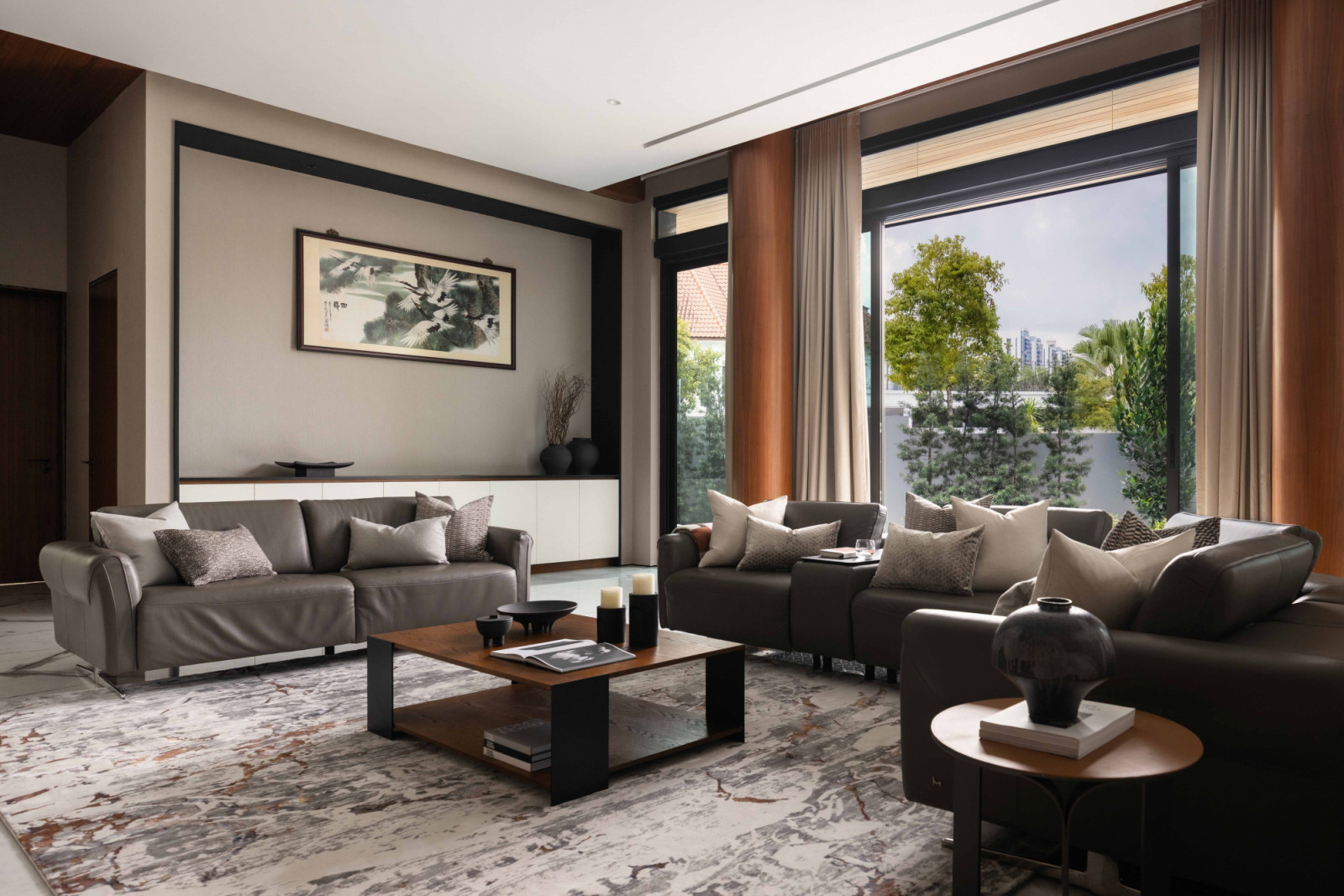 The homeowners’ collection of antique Chinese furniture and artworks became an important layer in shaping the design direction