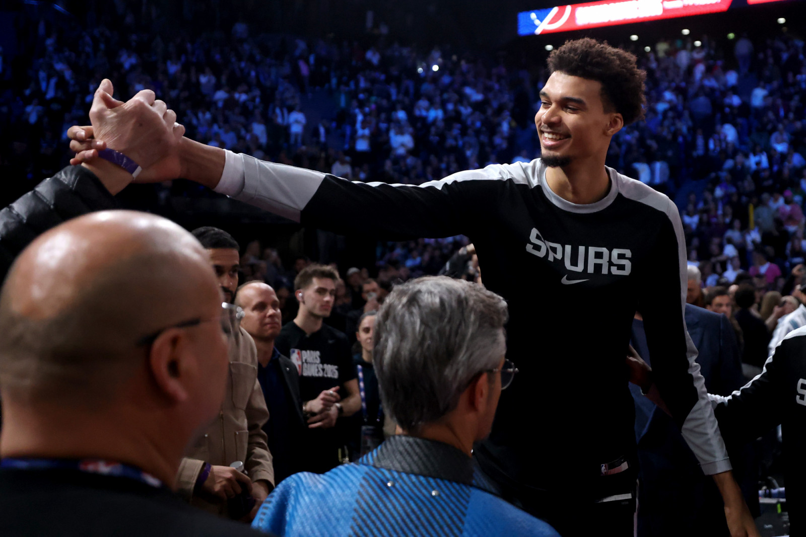 PARIS, FRANCE - JANUARY 23: Victor Wembanyama #1 of the San Antonio Spurs celebrates after defeating the Indiana Pacers in the game at the Accor Arena on January 23, 2025 in Paris, France. (Photo by Dean Mouhtaropoulos/Getty Images)