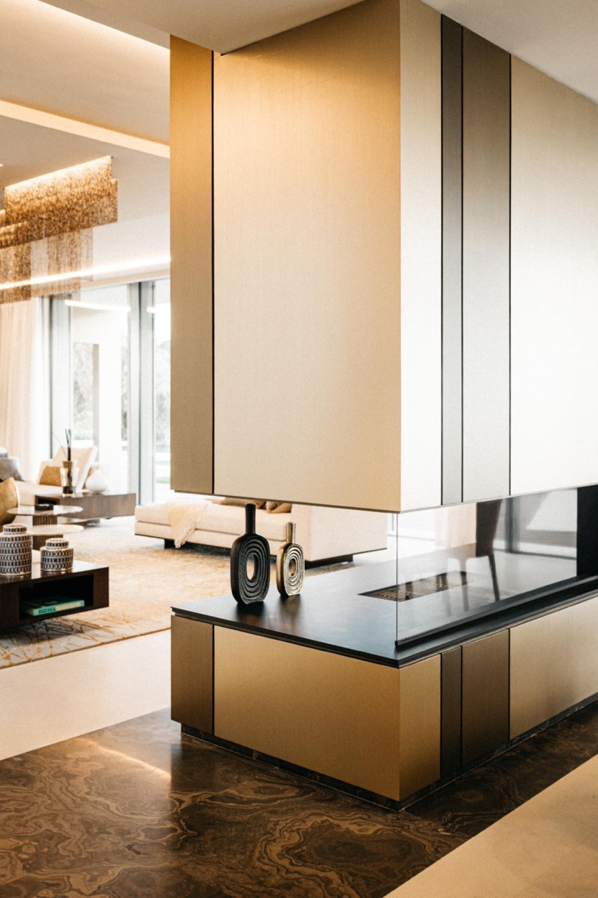 The double-sided fireplace with brushed brass cladding and black granite surround, positioned as a room divider between the hall and living room