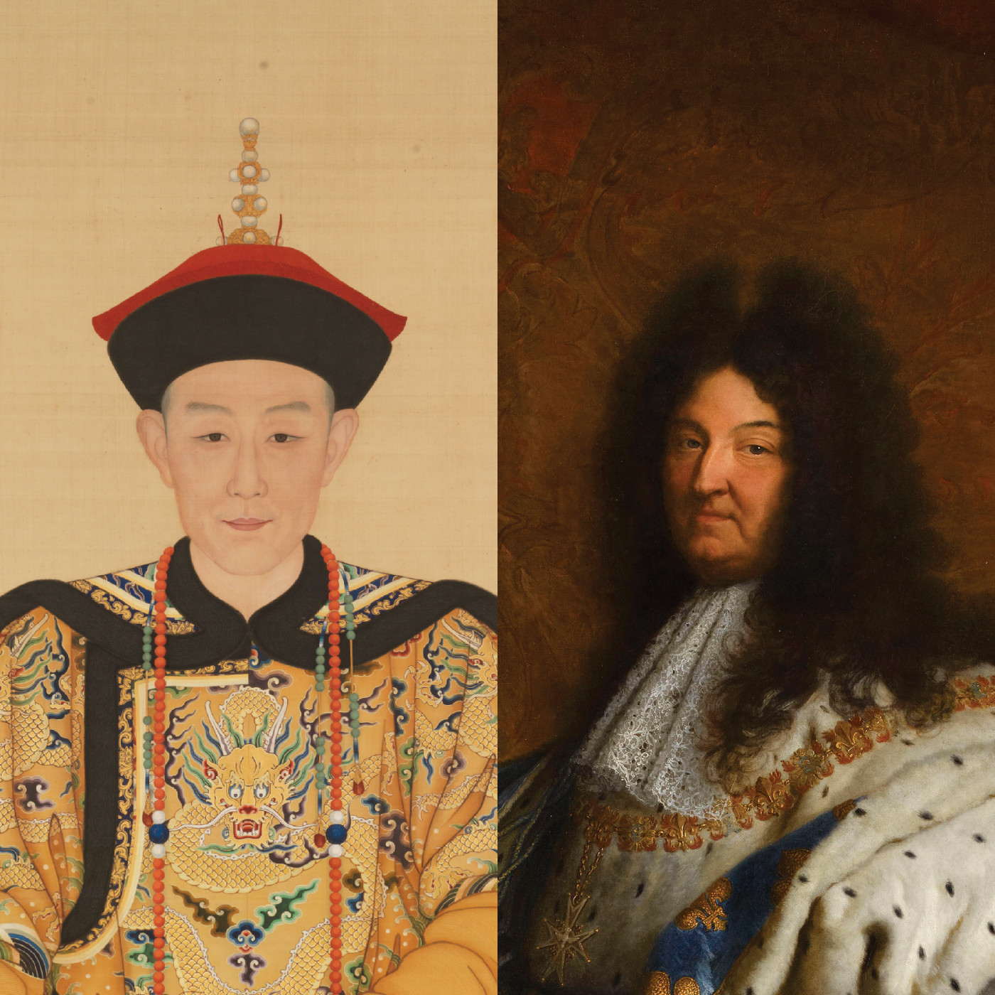 The Qianlong Emperor in Court Attire (left) by court painters in the Qing dynasty and Louis XIV in Coronation Mantle (1701-1712) by Hyacinthe Rigaud. (Photo: Palace Museum)