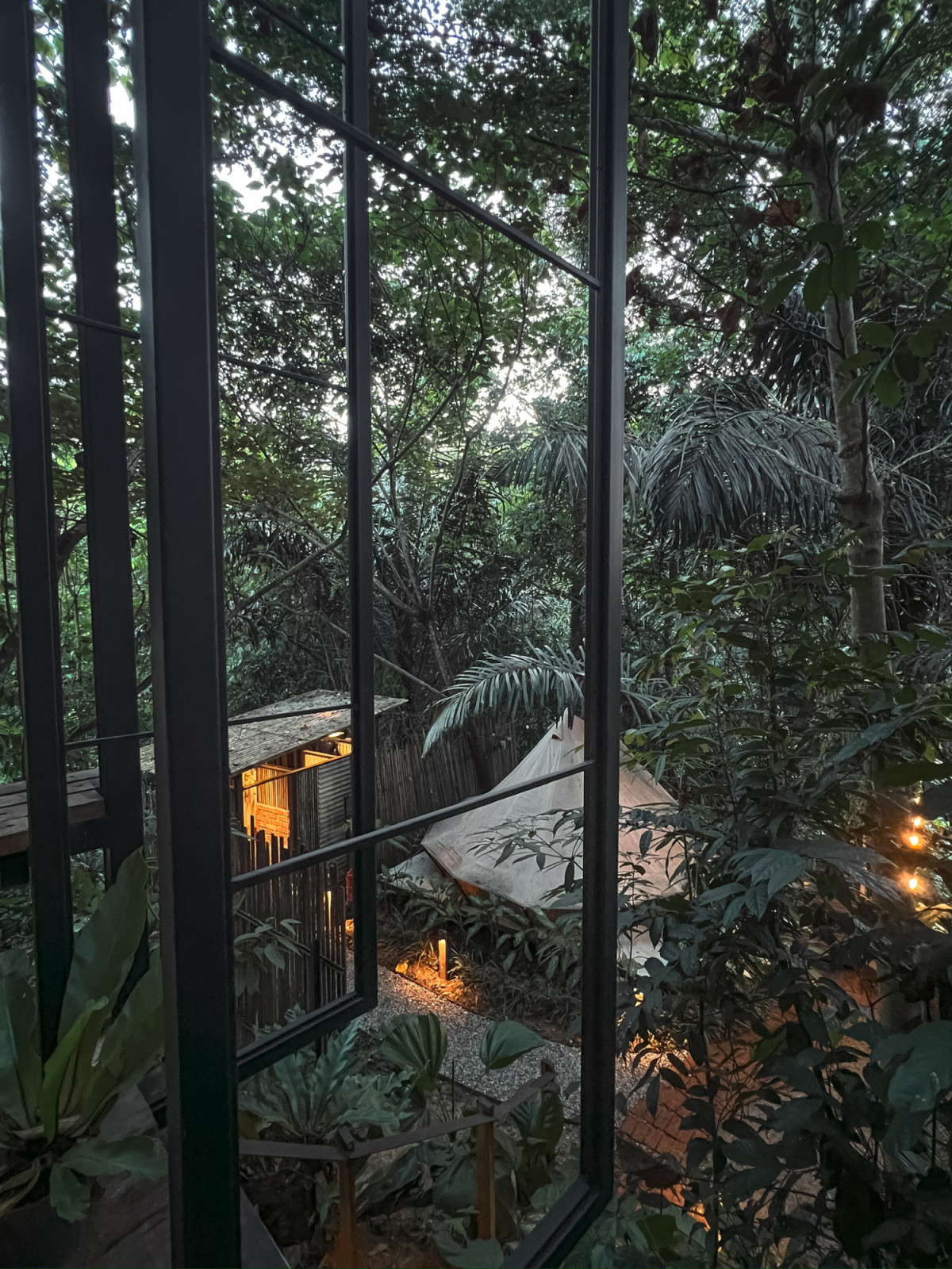 The lower terraces at La Hilir seen through the pavilion's steel grid facade at dusk, with the canvas tent and bamboo screen structures visible through the forest