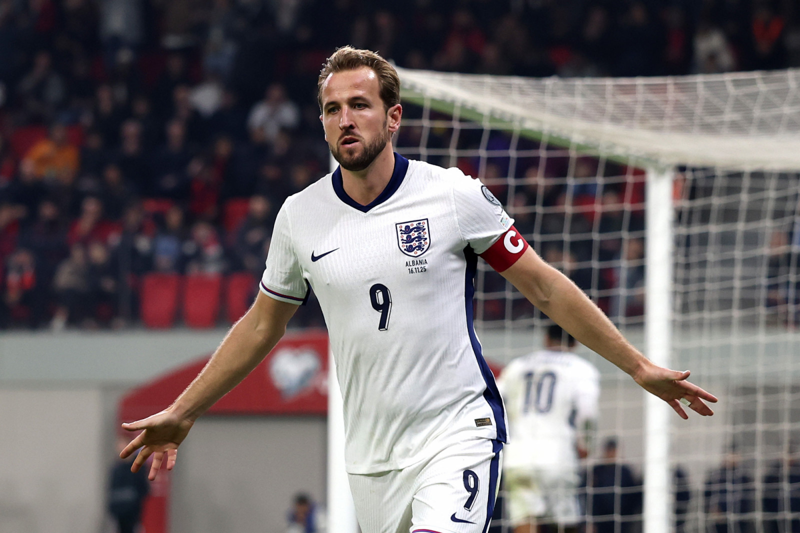 TIRANA, ALBANIA - NOVEMBER 16: Harry Kane of England celebrates scoring his team's second goal during the FIFA World Cup 2026 qualifier match between Albania and England at Air Albania Stadium on November 16, 2025 in Tirana, Albania. (Photo by Michael Regan - The FA/The FA via Getty Images)